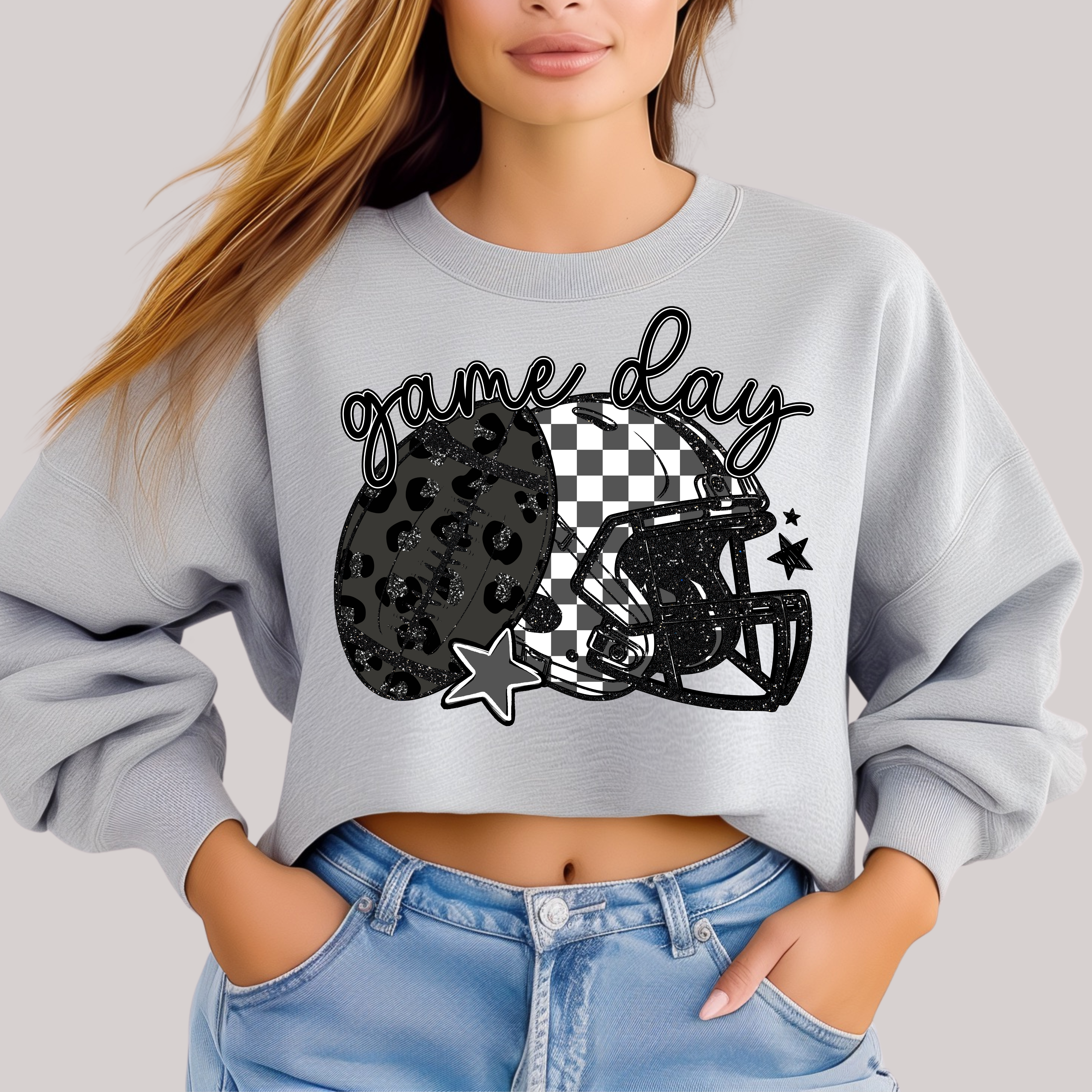 Checkered and Leopard Gameday Sweatshirt Womens Ave Shops- Tilden Co.