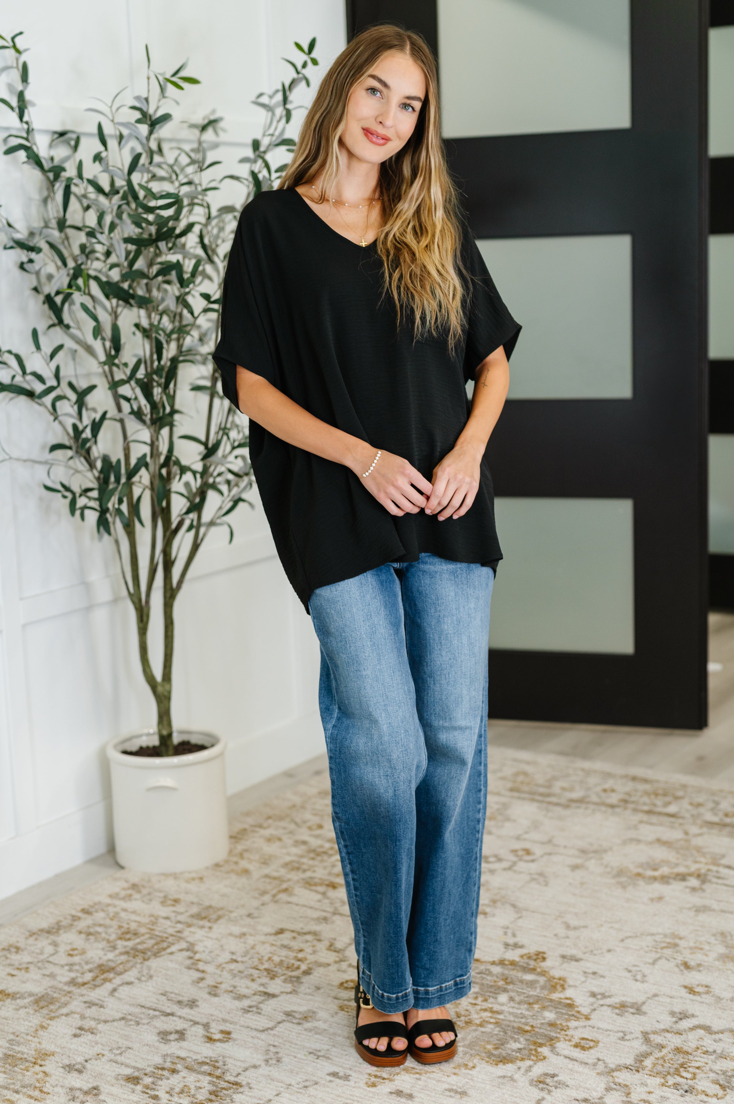 Coastal Ease V-Neck Top in Black Womens Ave Shops- Tilden Co.