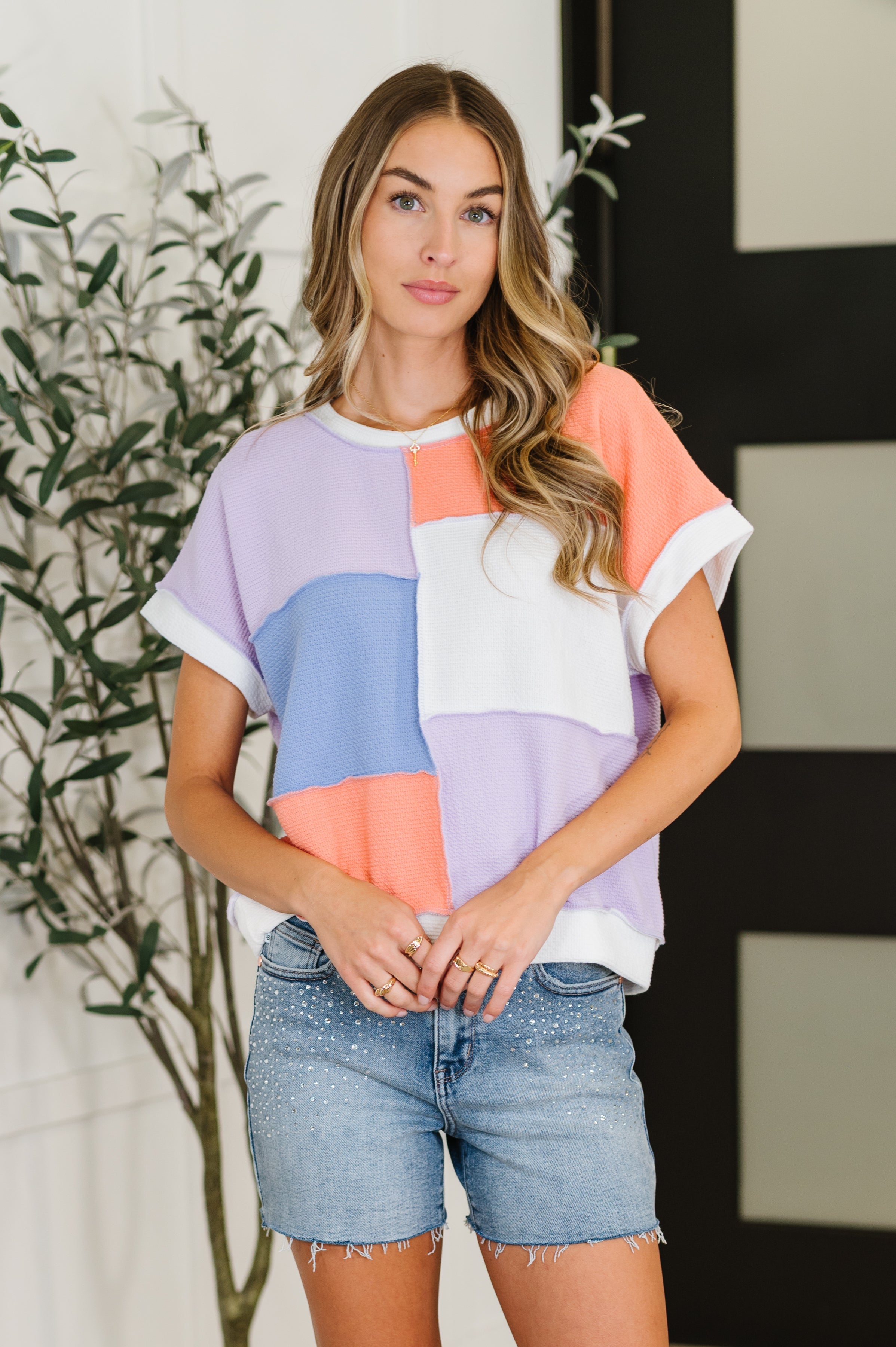 Contrast Club Color Block Top in Lilac, Orange and Denim Womens Ave Shops- Tilden Co.