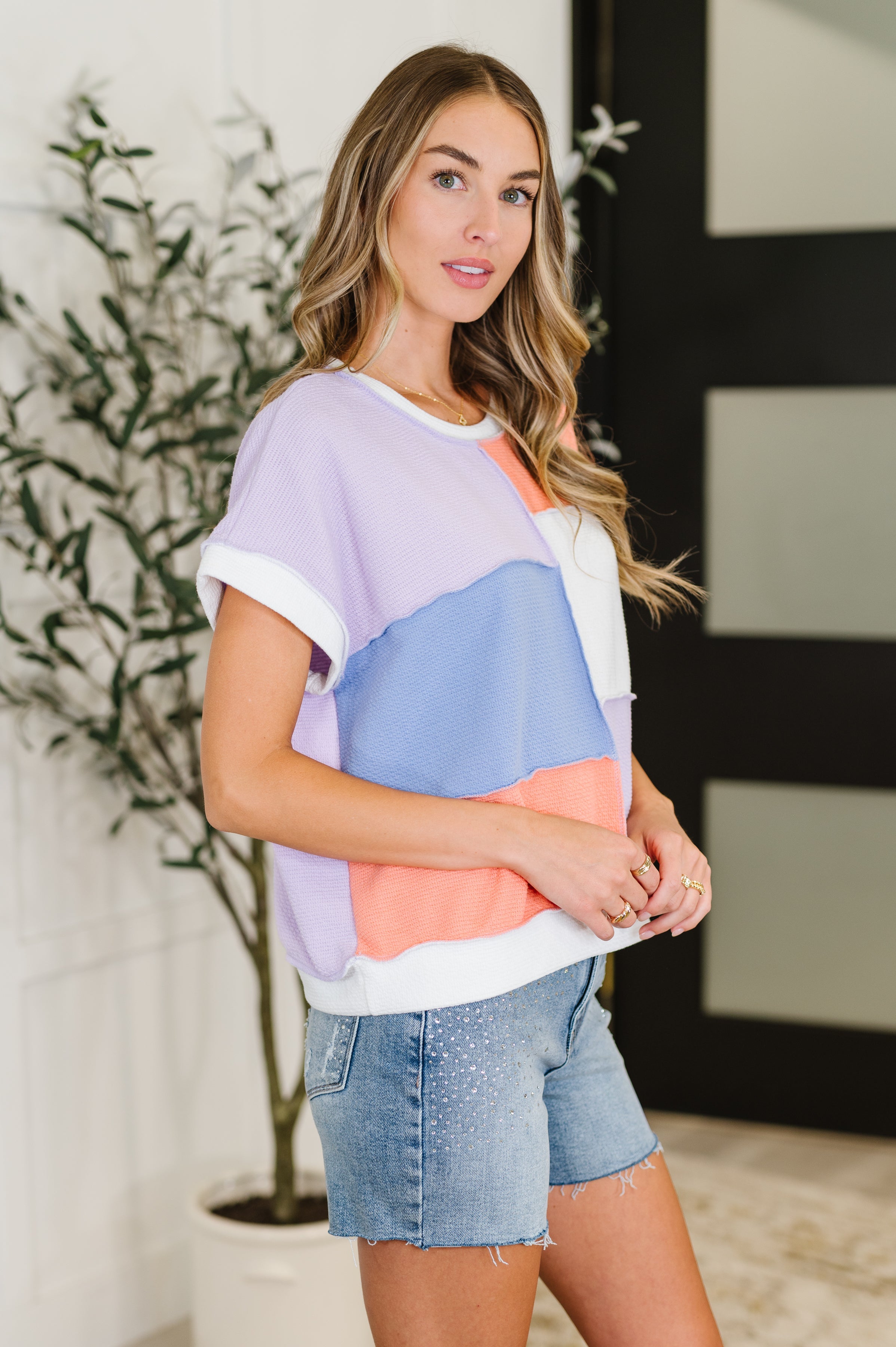 Contrast Club Color Block Top in Lilac, Orange and Denim Womens Ave Shops- Tilden Co.