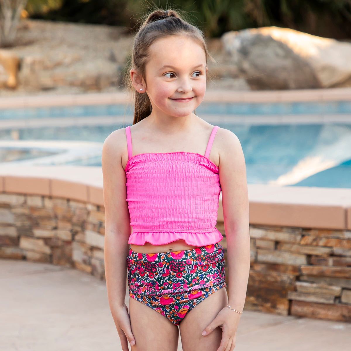 Smocked Tankini Top (Girls) Bright Pink / 2T Bright Pink 2T Janela Bay- Tilden Co.