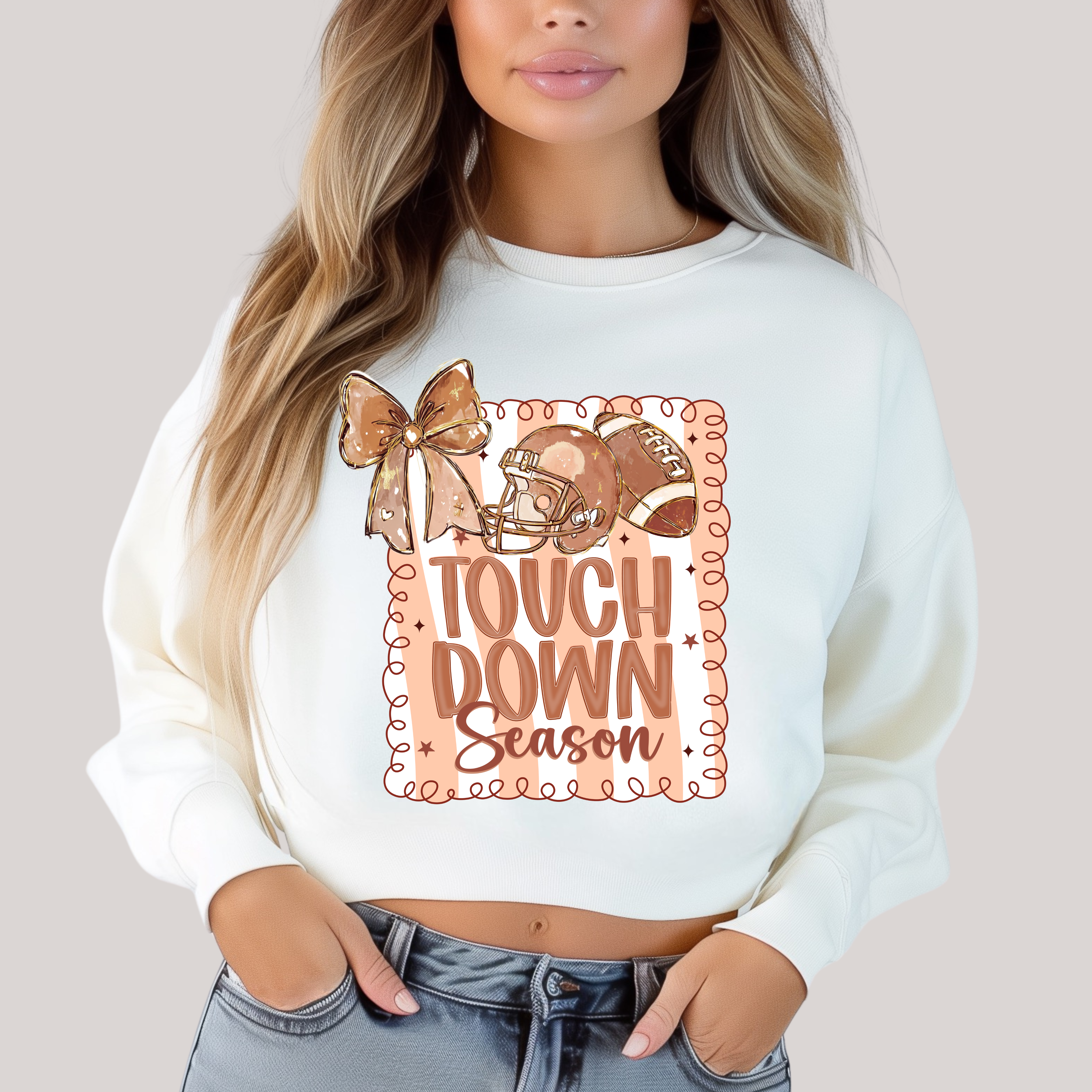 Coquette Touchdown Season in White Sweatshirt Sweater Ave Shops- Tilden Co.