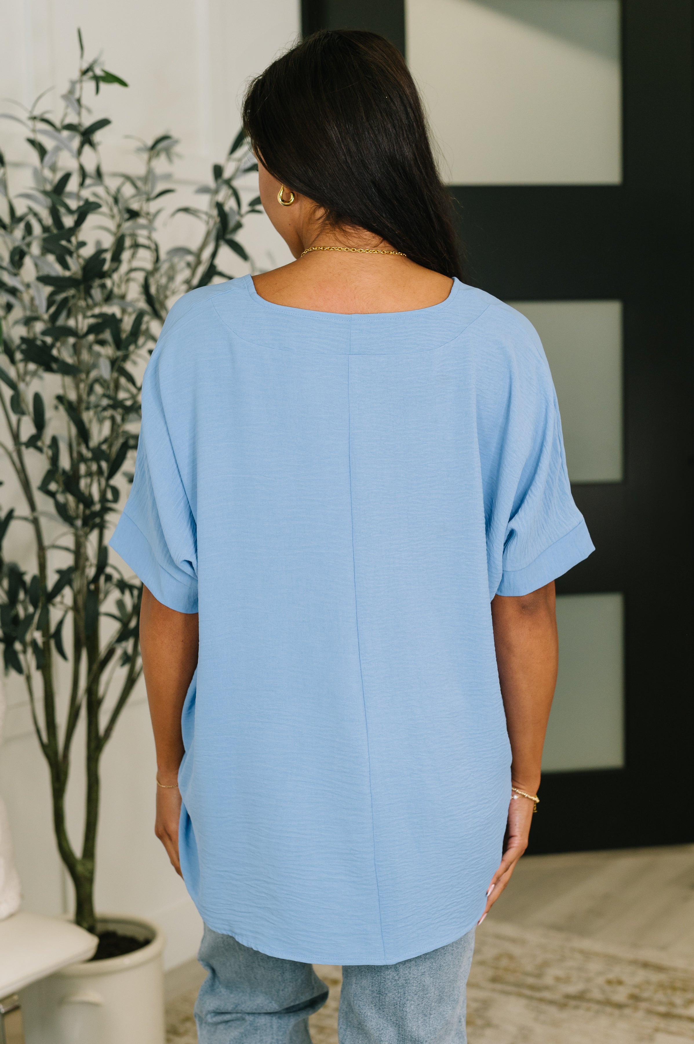 Counter Part Crinkle Woven V-Neck Top in Cornflower Blue Womens Ave Shops- Tilden Co.