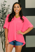 Counter Part Crinkle Woven V-Neck Top in Neon Fuchsia Womens Ave Shops- Tilden Co.