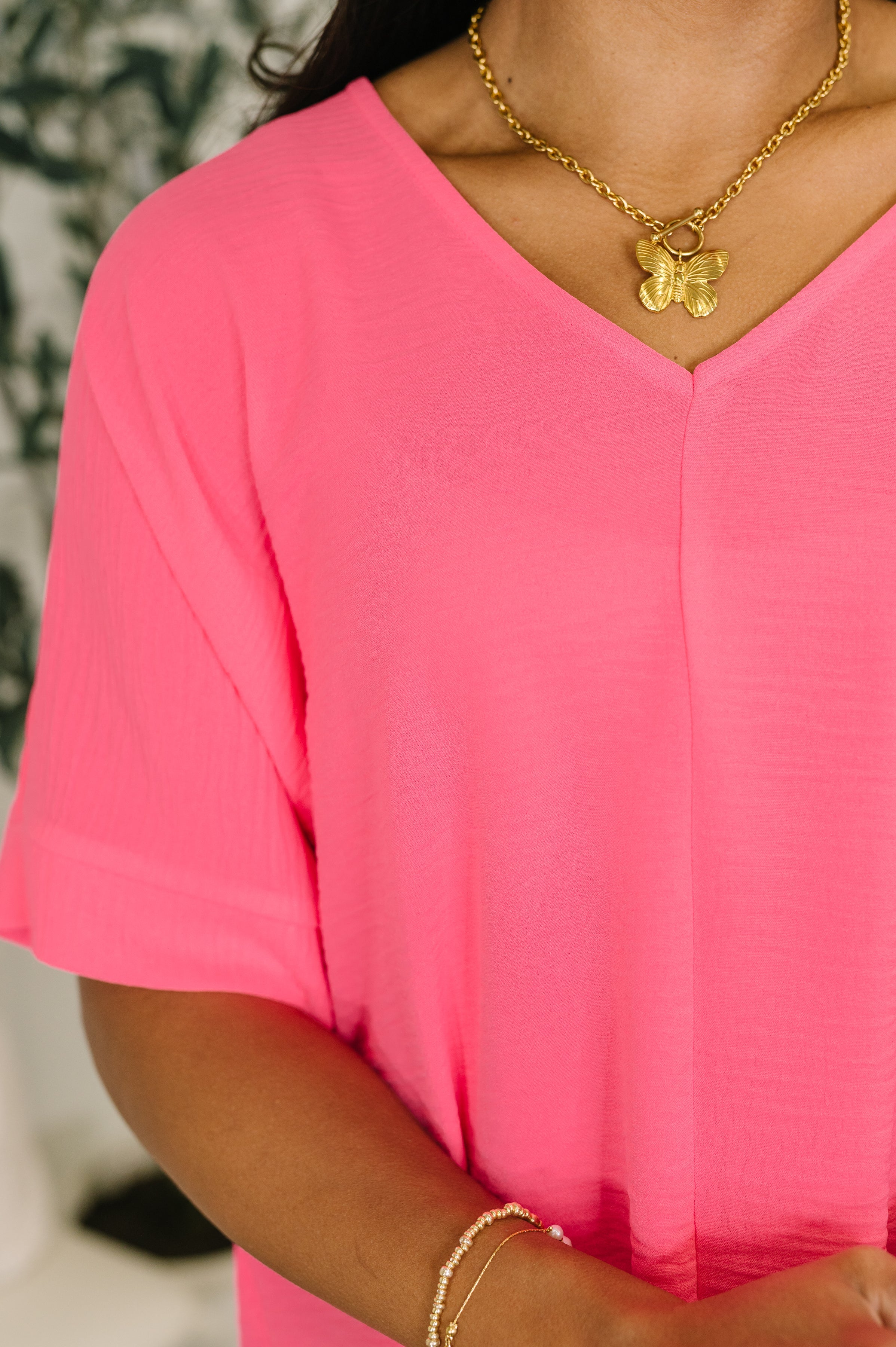 Counter Part Crinkle Woven V-Neck Top in Neon Fuchsia Womens Ave Shops- Tilden Co.