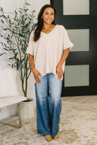 Counter Part Crinkle Woven V-Neck Top in Sand Beige Womens Ave Shops- Tilden Co.