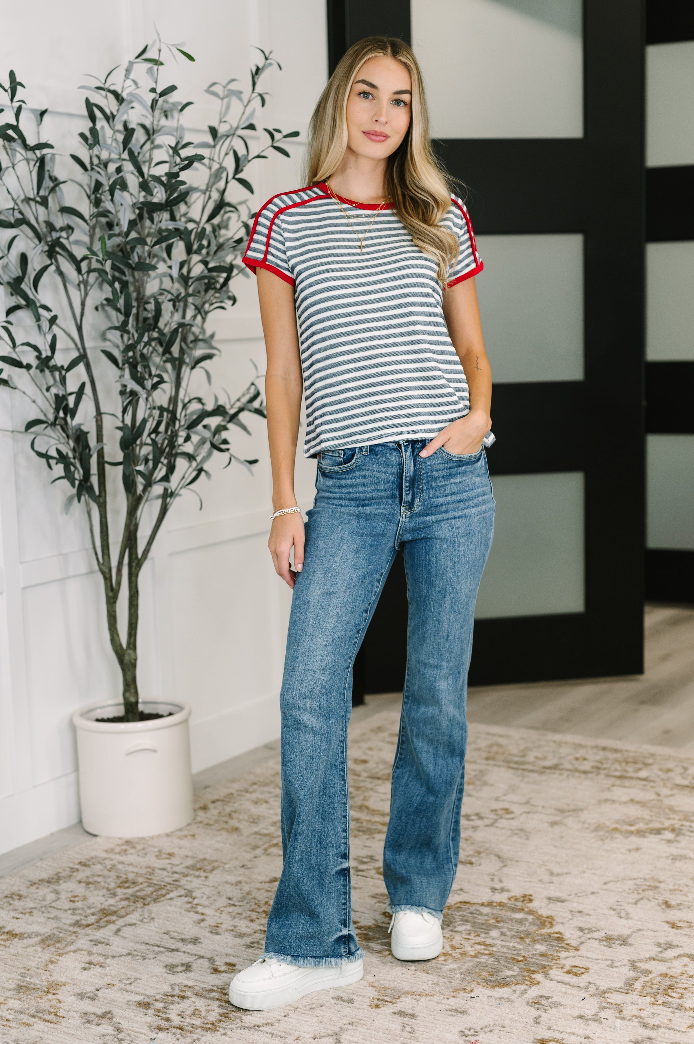 Country Stripe Casual Tee in Navy White Womens Ave Shops- Tilden Co.