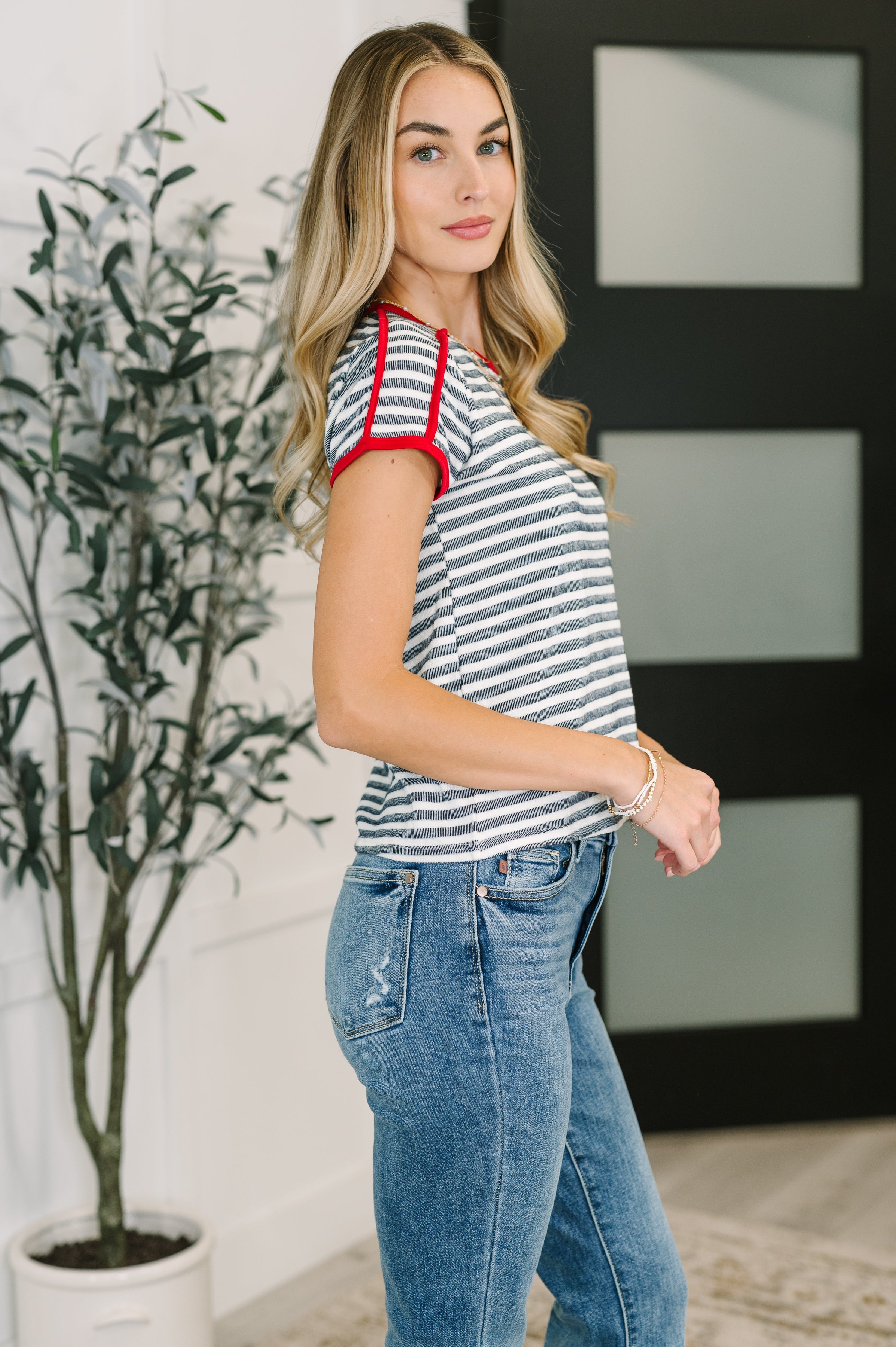 Country Stripe Casual Tee in Navy White Womens Ave Shops- Tilden Co.