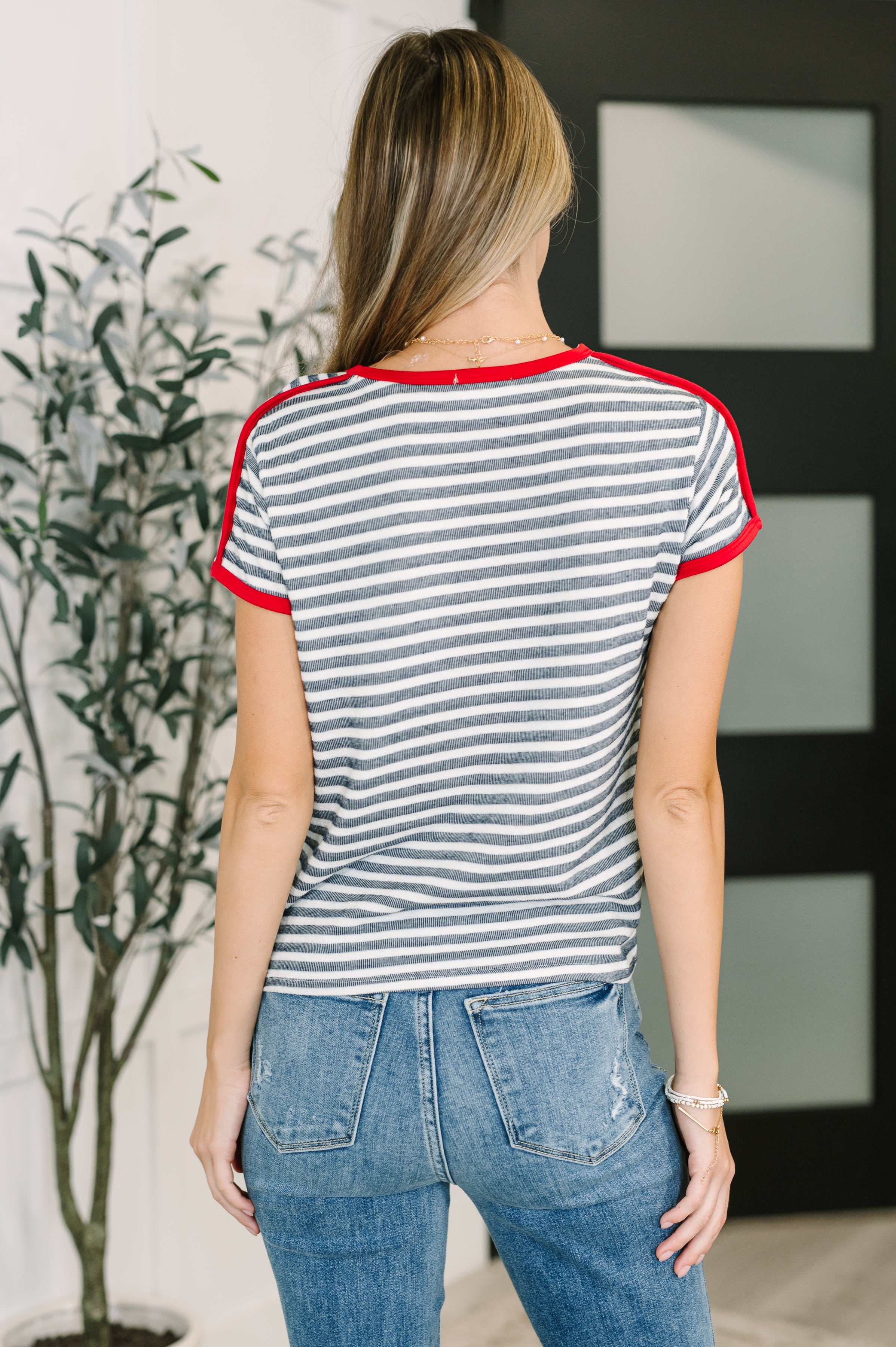 Country Stripe Casual Tee in Navy White Womens Ave Shops- Tilden Co.