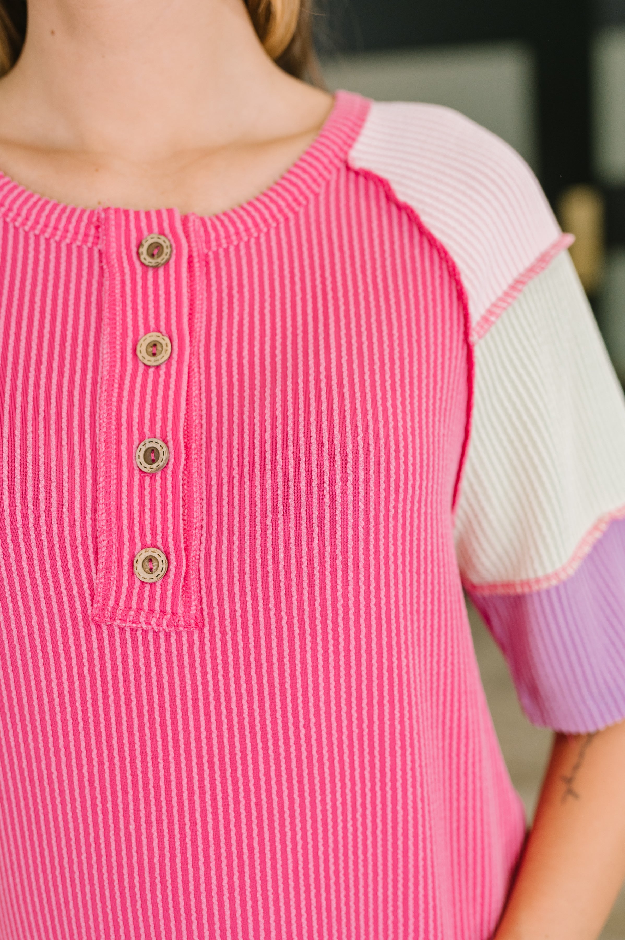 Cozy Collage Color Block Henley Top Womens Ave Shops- Tilden Co.