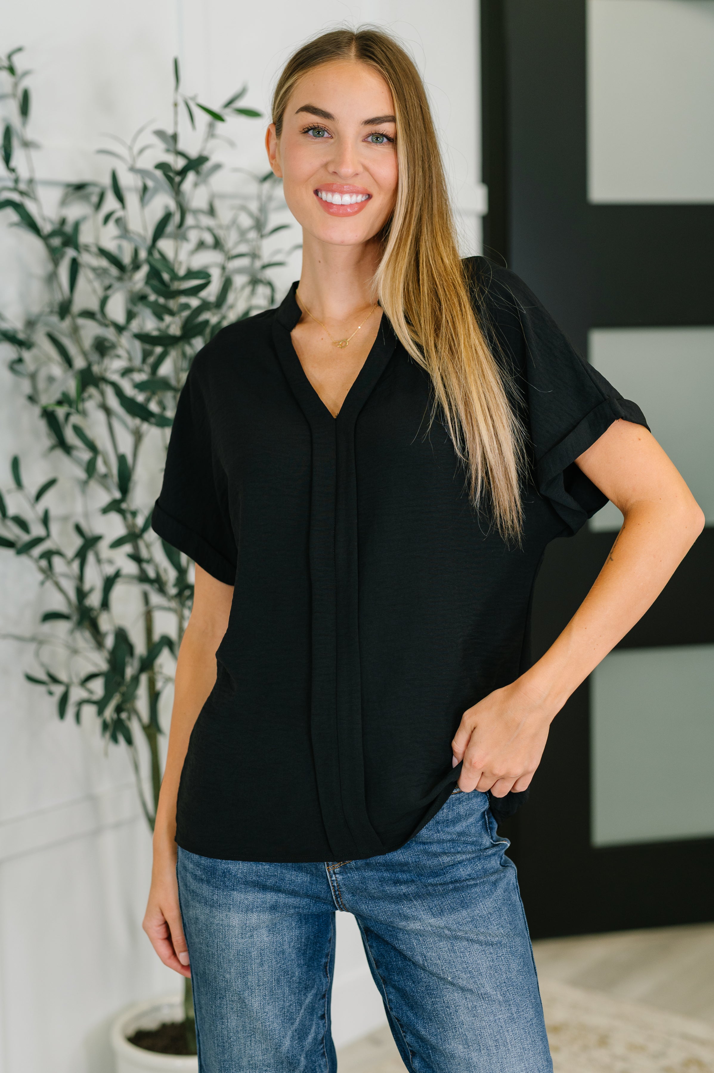 PREORDER: Crinkle Wove V-Neck Blouse in Four Colors Womens Ave Shops- Tilden Co.