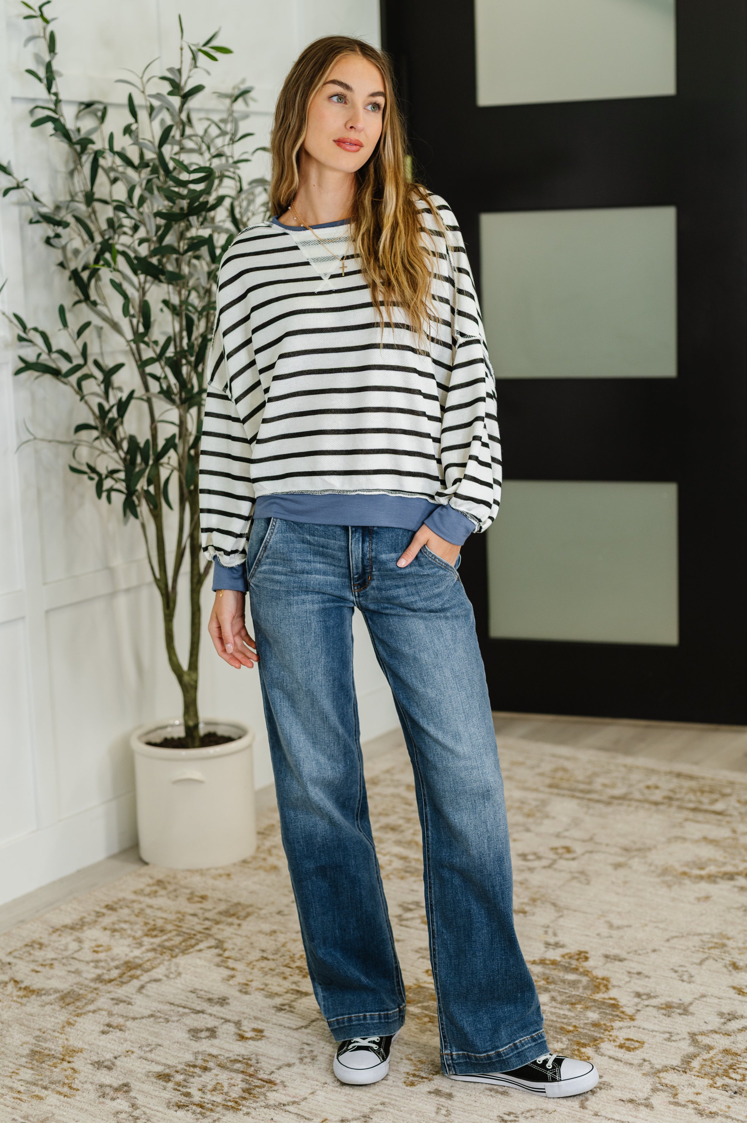 Cute in Comfort Crew Neck Pullover in White, Black and Denim Womens Ave Shops- Tilden Co.
