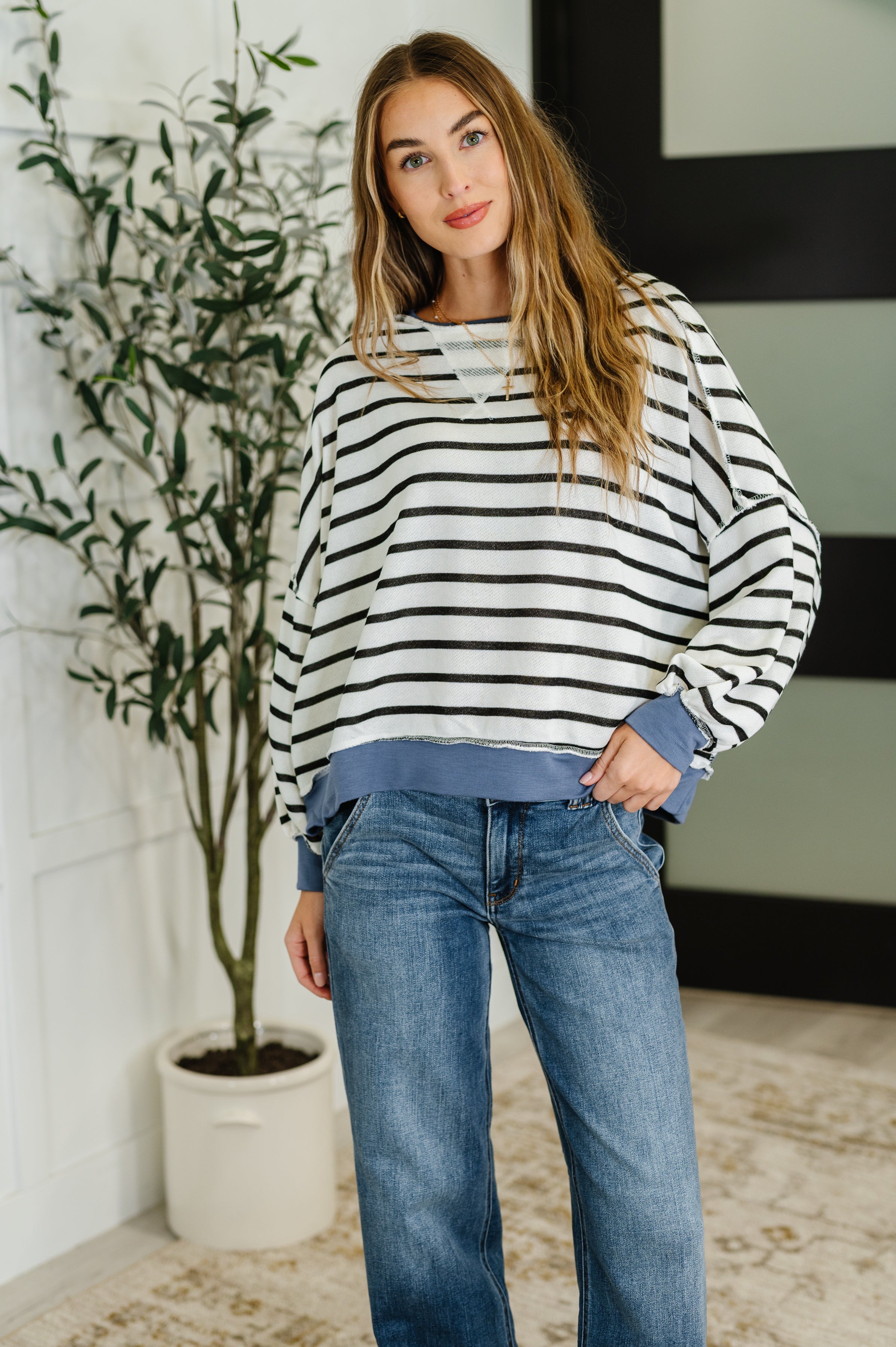Cute in Comfort Crew Neck Pullover in White, Black and Denim Womens Ave Shops- Tilden Co.
