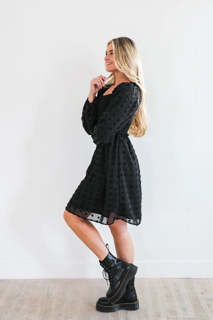 Daphne Dress in Swiss Dot Black    Dress Mikarose- Tilden Co.