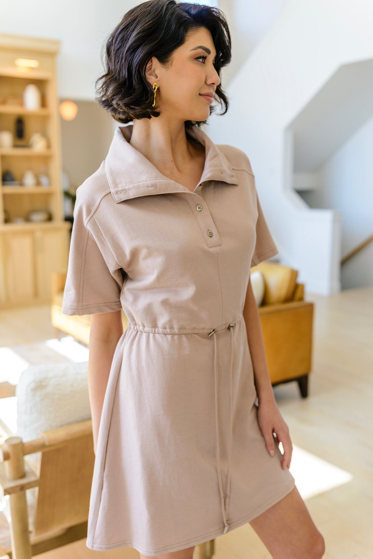 Darla Button Up Collared Dress in Taupe Dresses Ave Shops- Tilden Co.