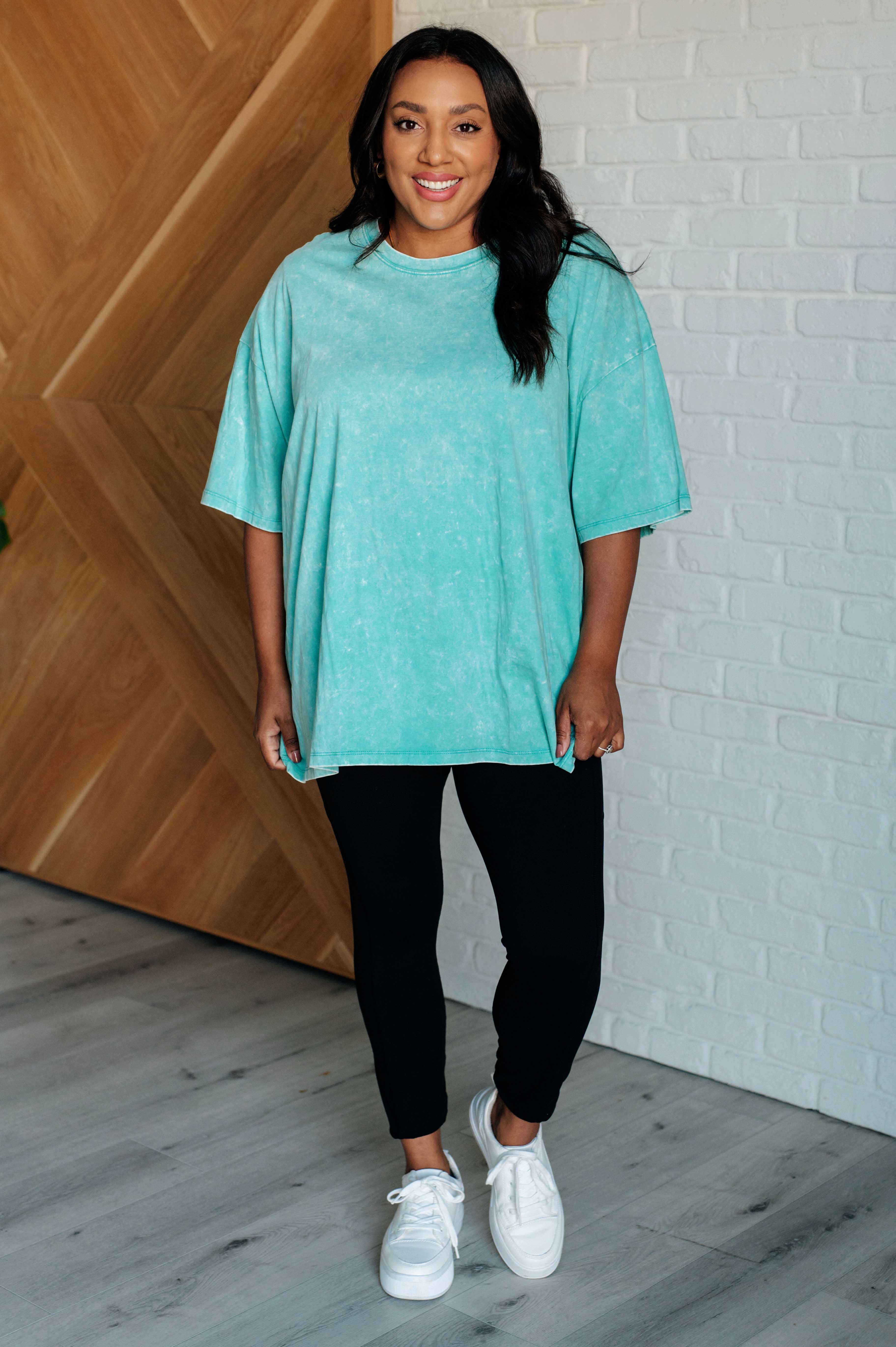 Don't Mind Me Mineral Wash Drop Shoulder Tee in Turquoise    Tops Ave Shops- Tilden Co.