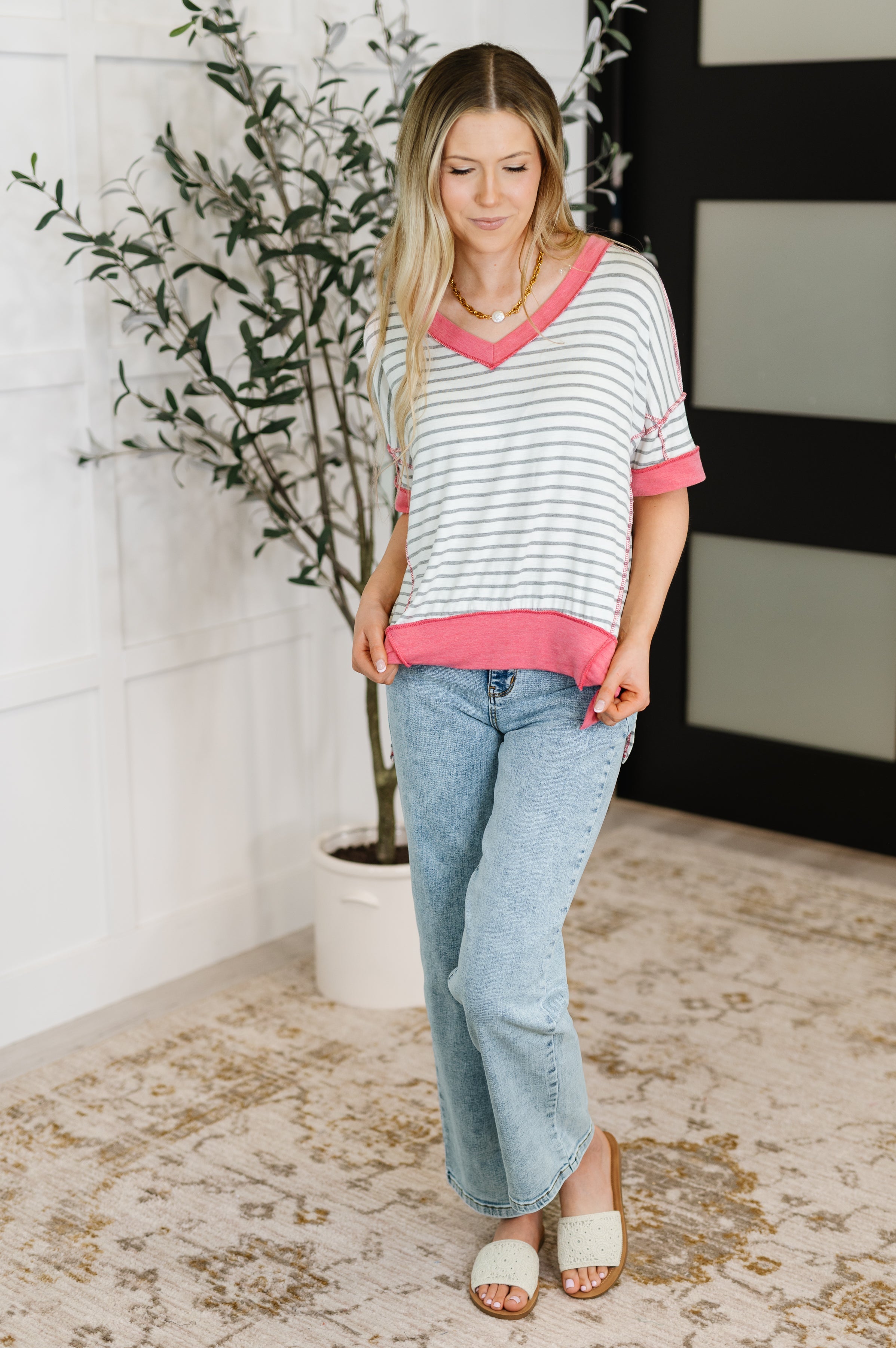 Dressed to Chill V-Neck Top in Heather/Grey/Ivory/Pink T-Shirt Ave Shops- Tilden Co.