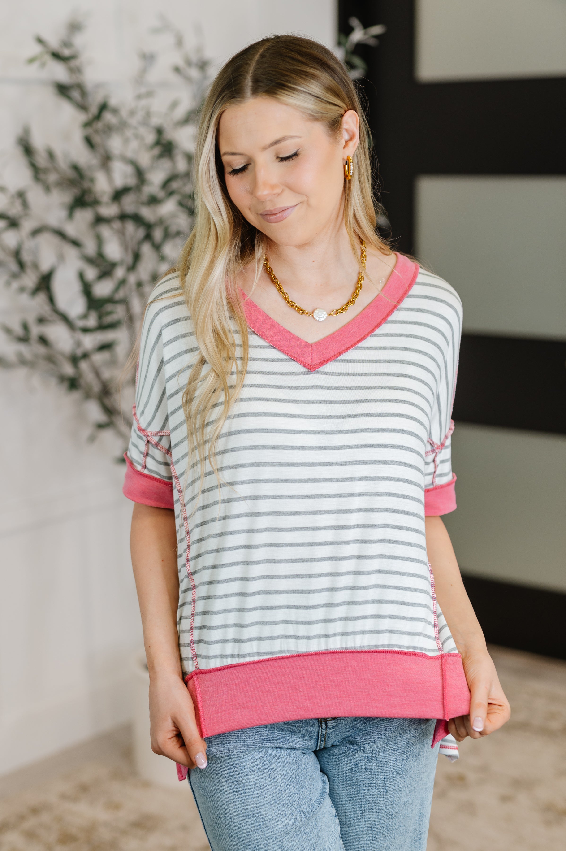 Dressed to Chill V-Neck Top in Heather/Grey/Ivory/Pink Womens Ave Shops- Tilden Co.