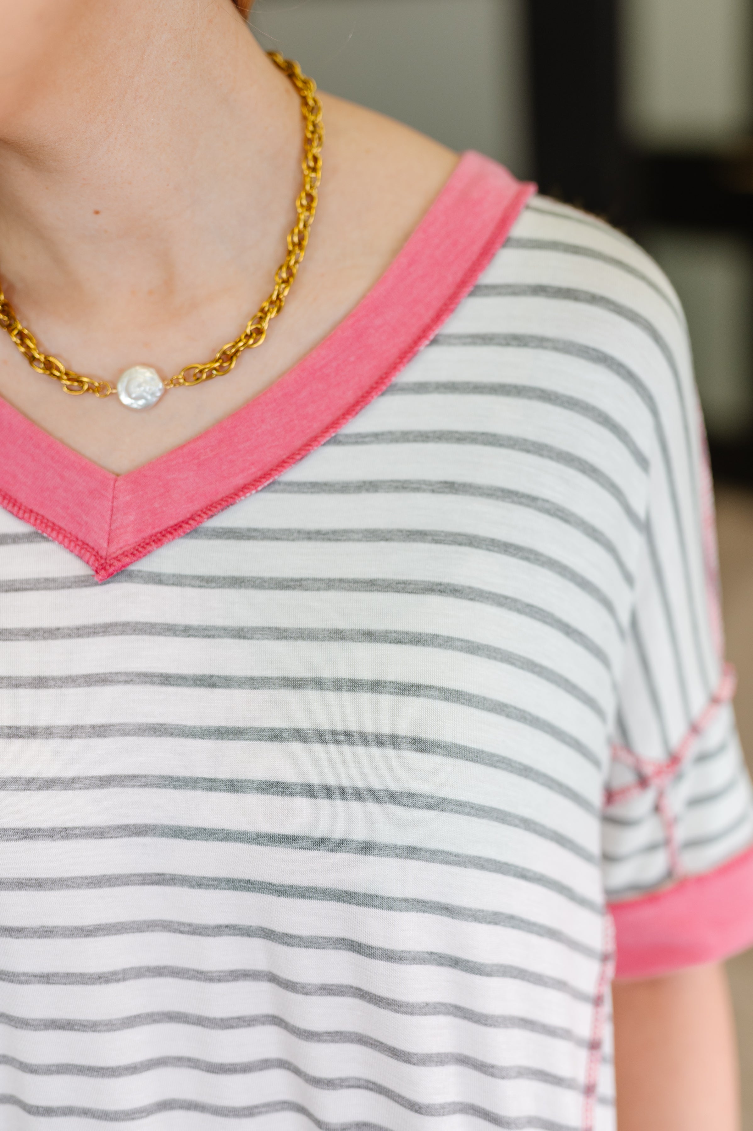 Dressed to Chill V-Neck Top in Heather/Grey/Ivory/Pink T-Shirt Ave Shops- Tilden Co.
