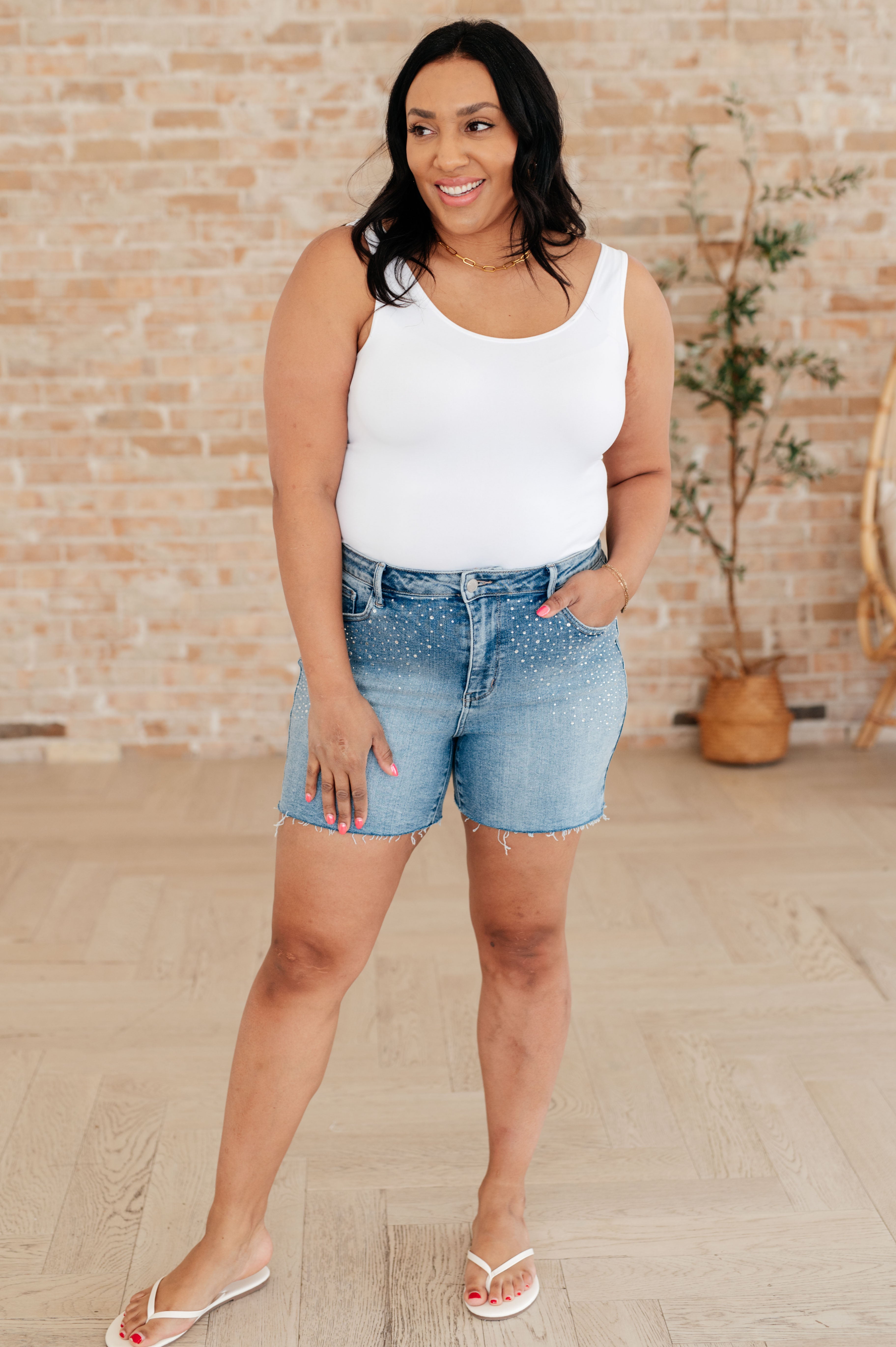 Elle High Rise Rhinestone Cutoff Shorts Denim Ave Shops- Tilden Co.