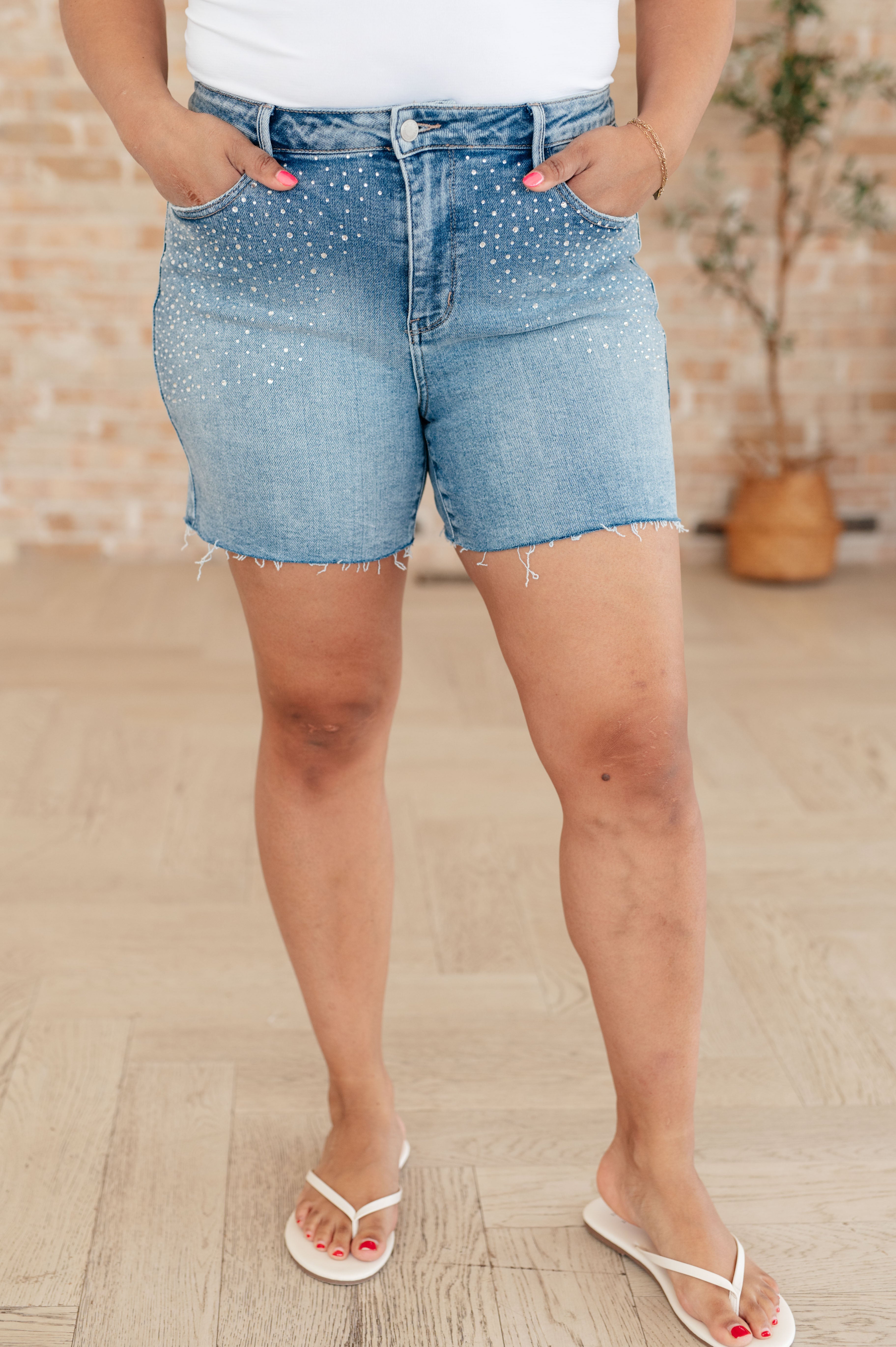 Elle High Rise Rhinestone Cutoff Shorts Denim Ave Shops- Tilden Co.