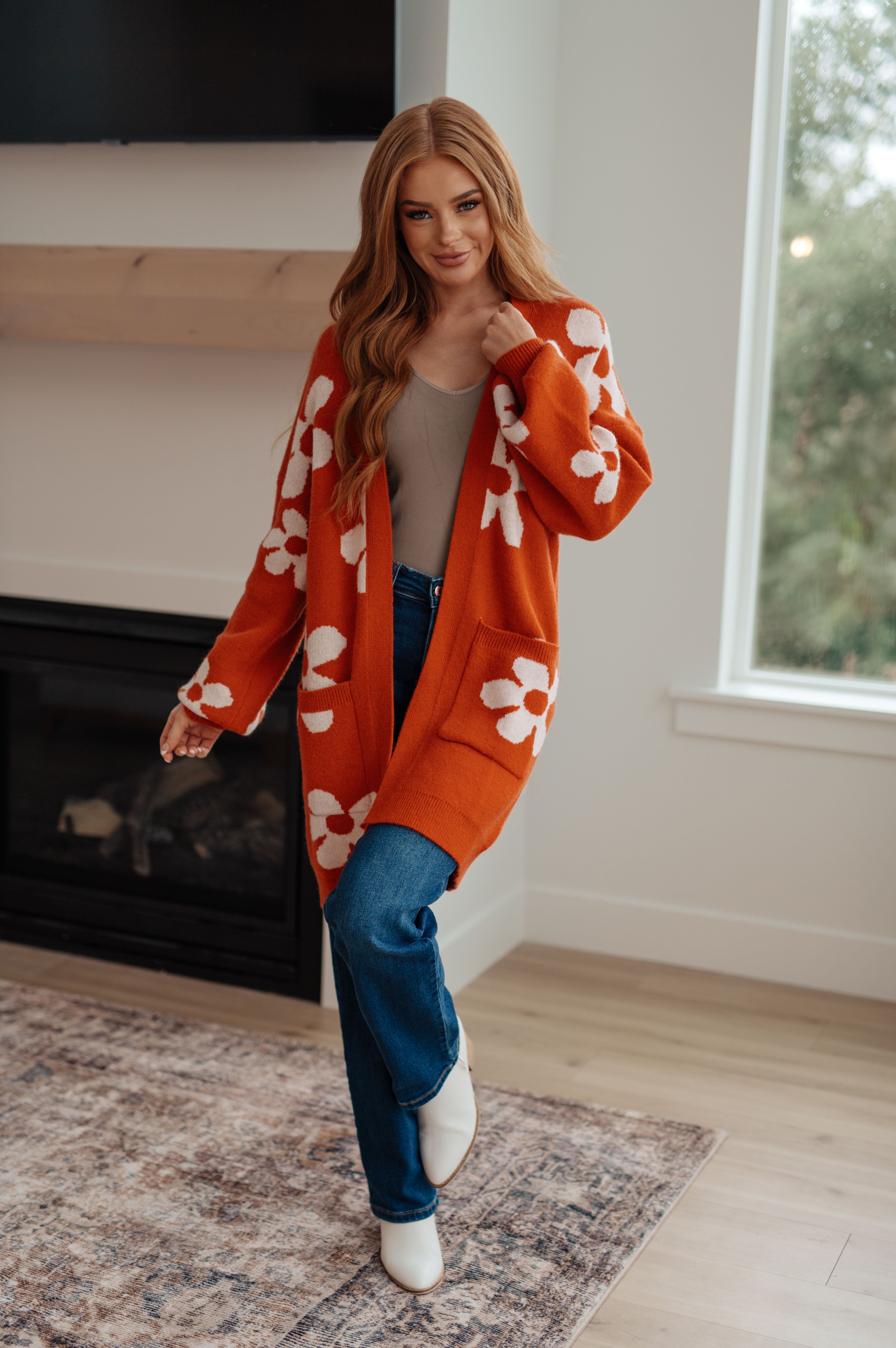 Enough Anyways Floral Cardigan in Burnt Orange Layers Ave Shops- Tilden Co.