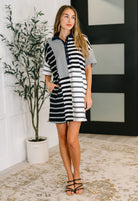 Everlasting Love Striped Collared Dress in Black and Navy Womens Ave Shops- Tilden Co.