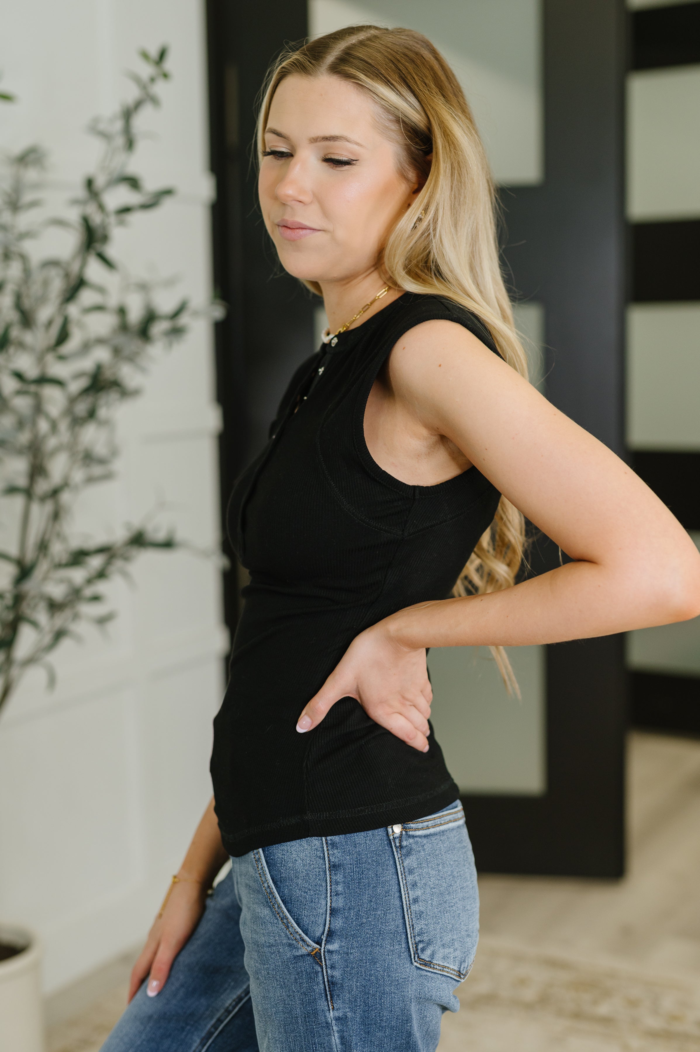 Everyday Edge Knit Henley Tank in Black Womens Ave Shops- Tilden Co.