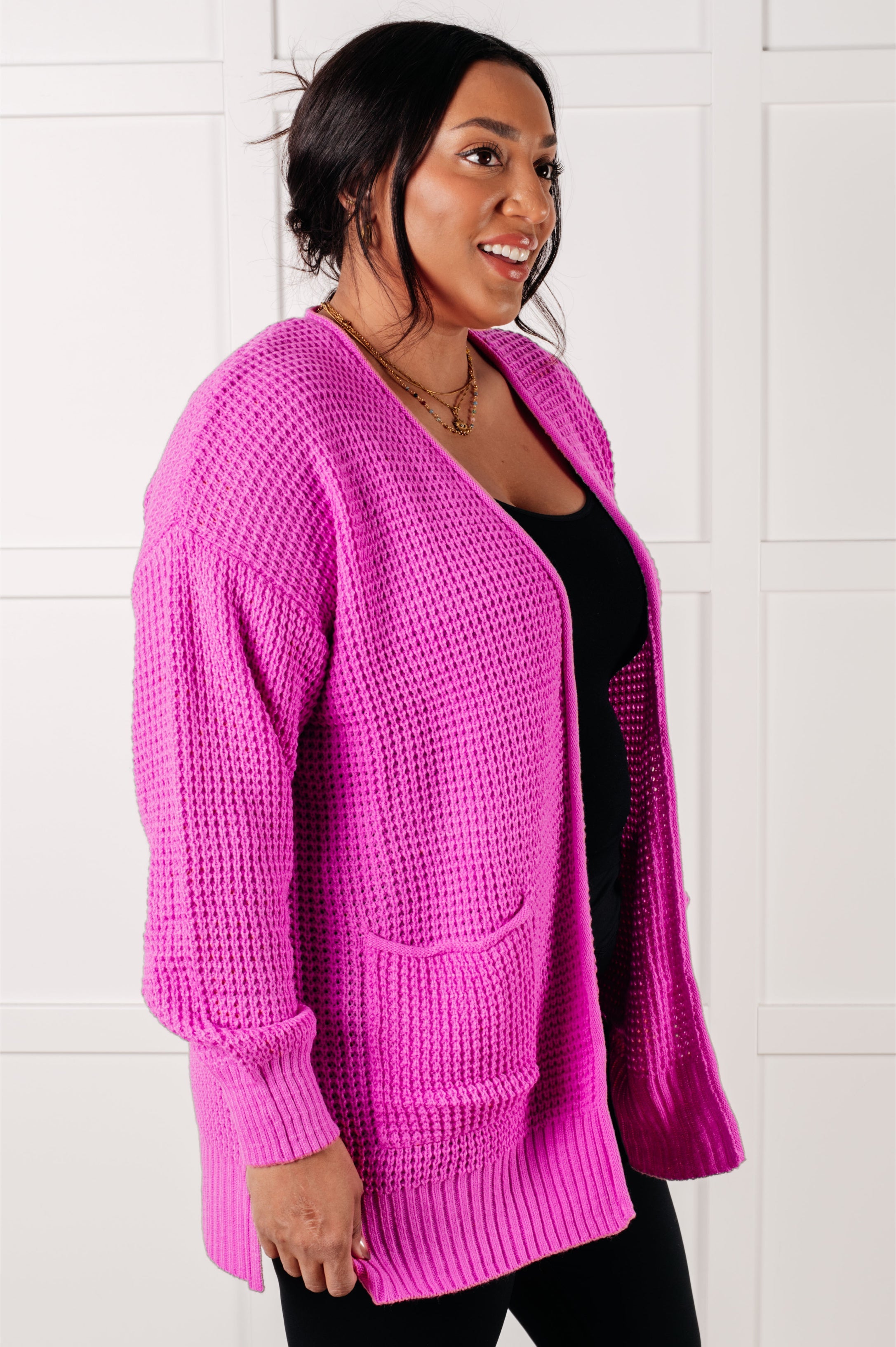 Everything Layer Waffle Knit Open Front Cardigan in Bright Mauve Layers Ave Shops- Tilden Co.