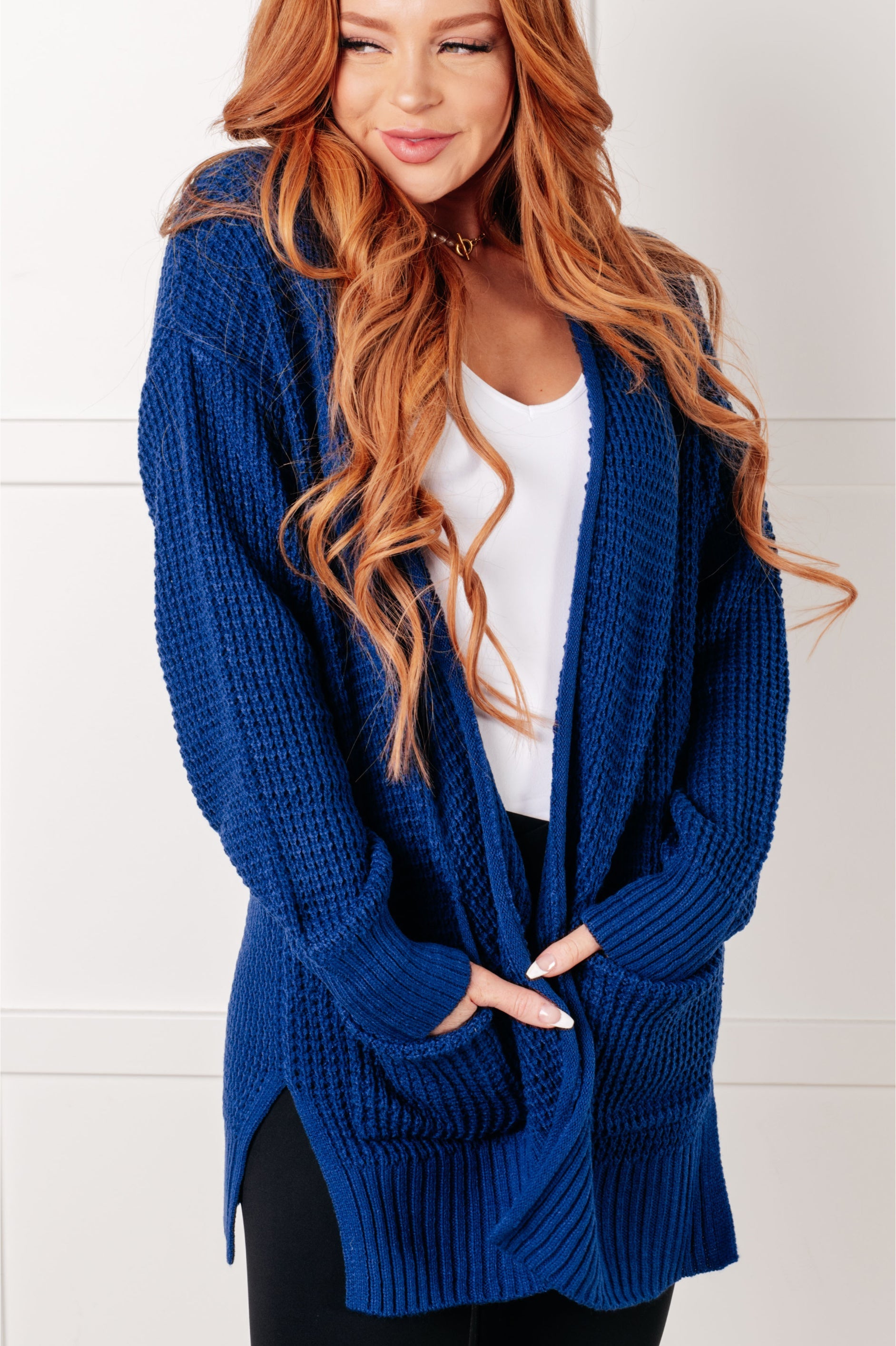 Everything Layer Waffle Knit Open Front Cardigan in Light Navy Layers Ave Shops- Tilden Co.