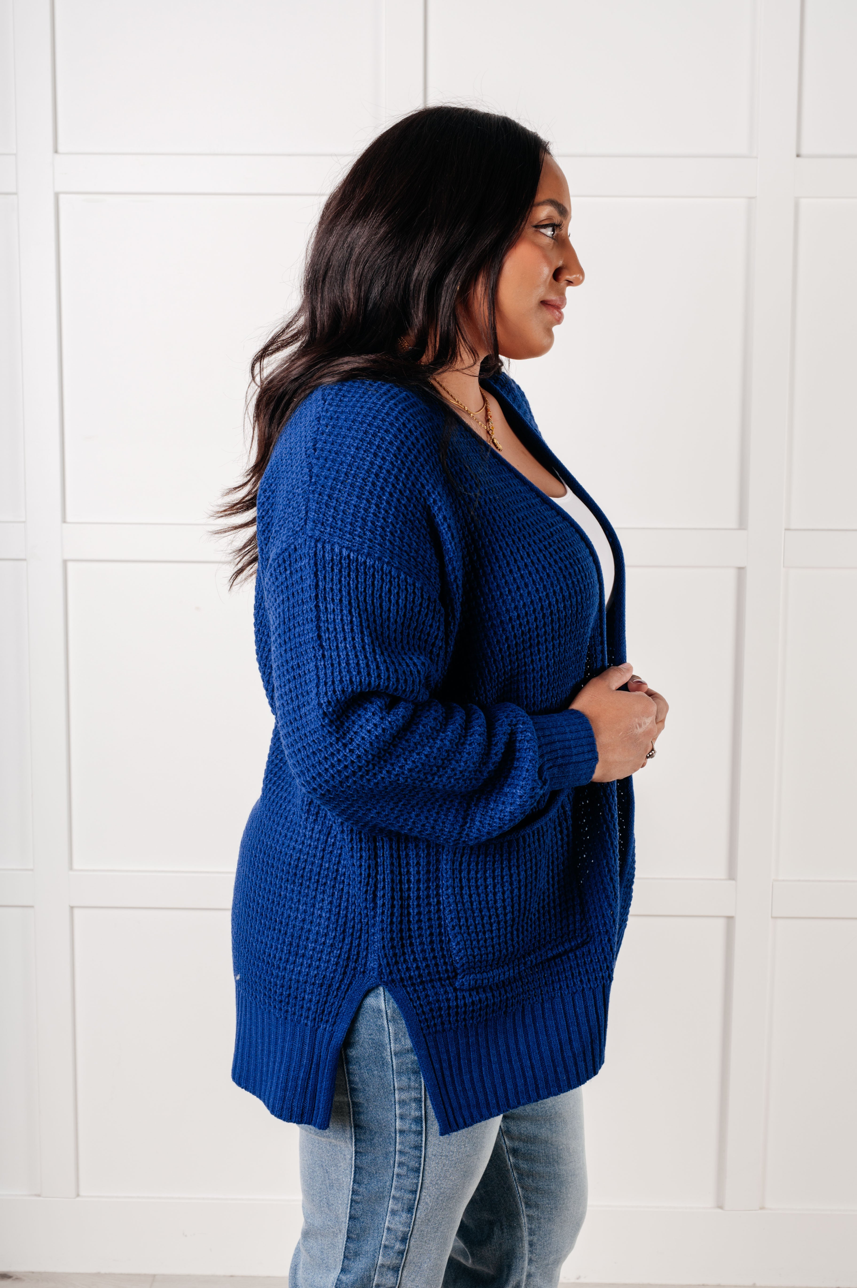 Everything Layer Waffle Knit Open Front Cardigan in Light Navy Layers Ave Shops- Tilden Co.