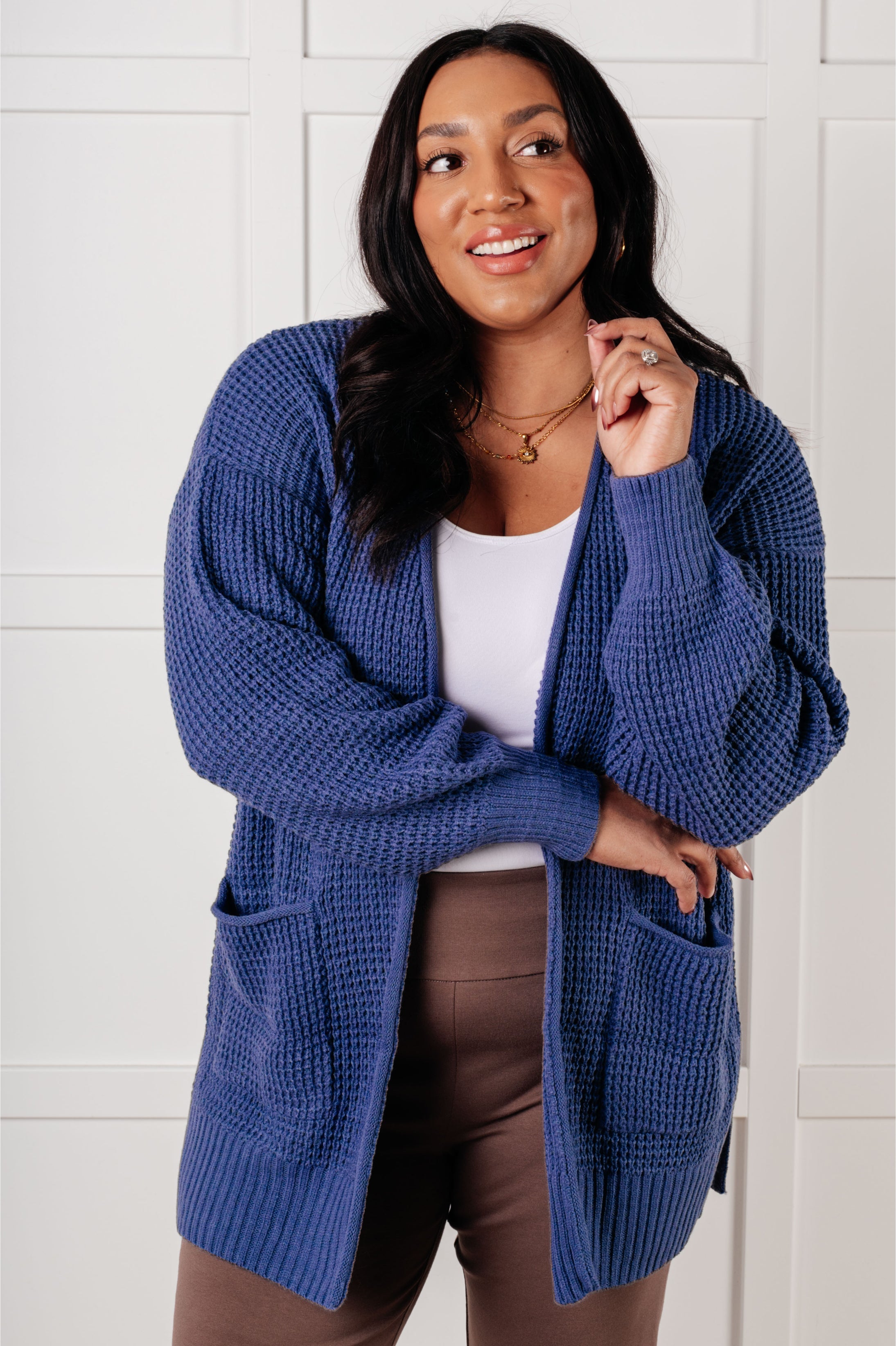 Everything Layer Waffle Knit Open Front Cardigan in Marlin Layers Ave Shops- Tilden Co.