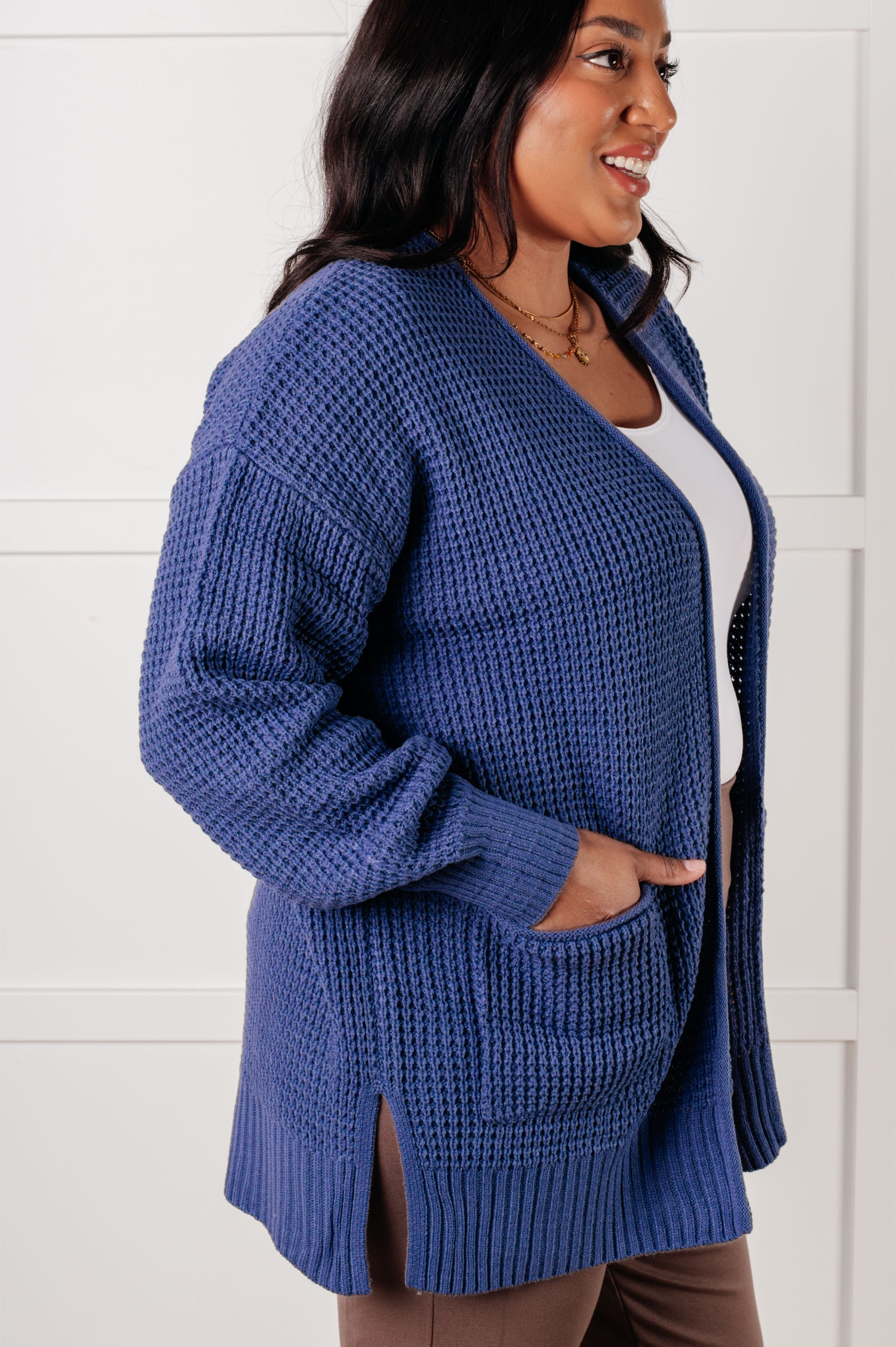 Everything Layer Waffle Knit Open Front Cardigan in Marlin Layers Ave Shops- Tilden Co.