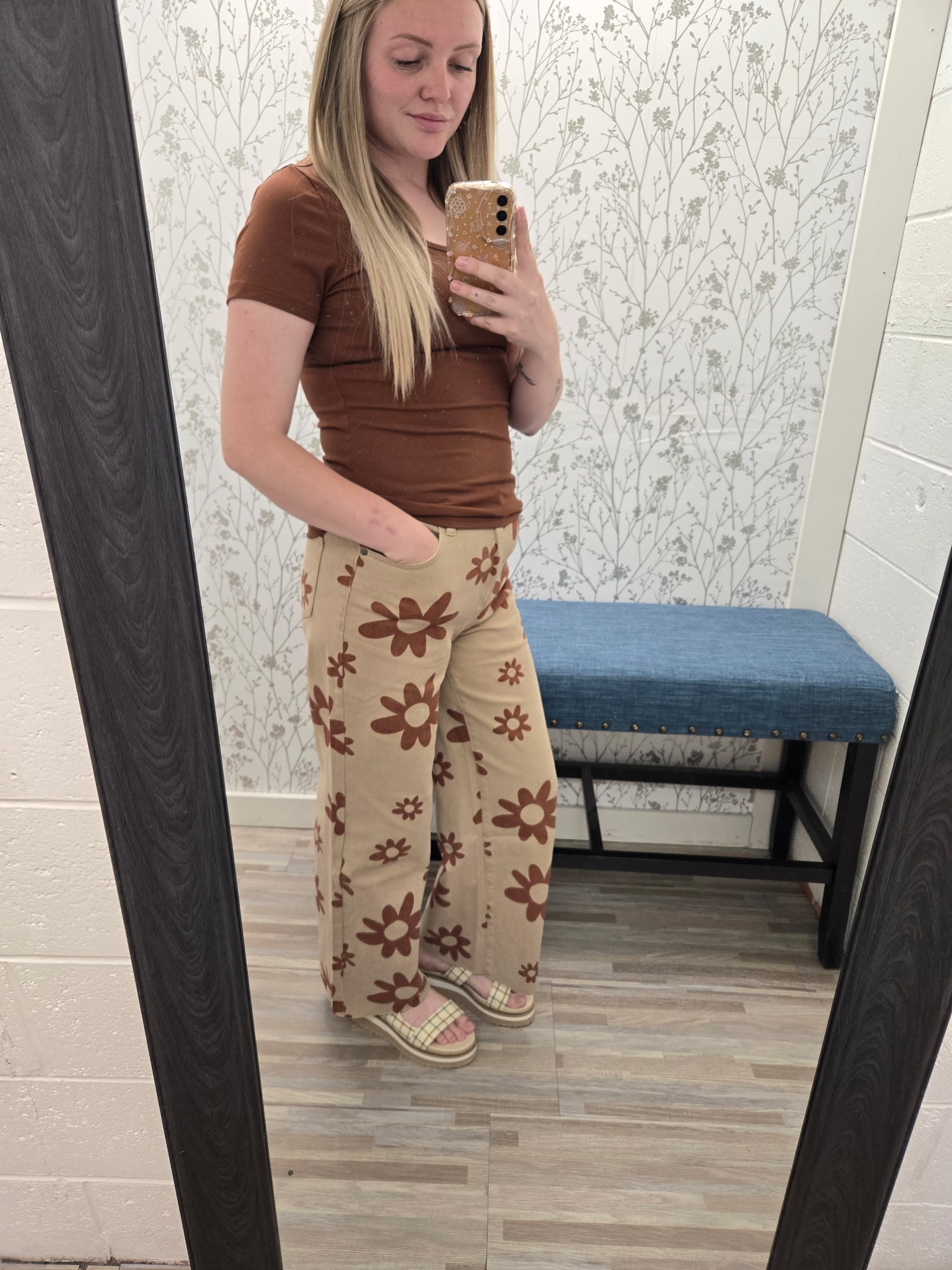 Daisy Print Washed Twill Pants Casual Pants Easel- Tilden Co.