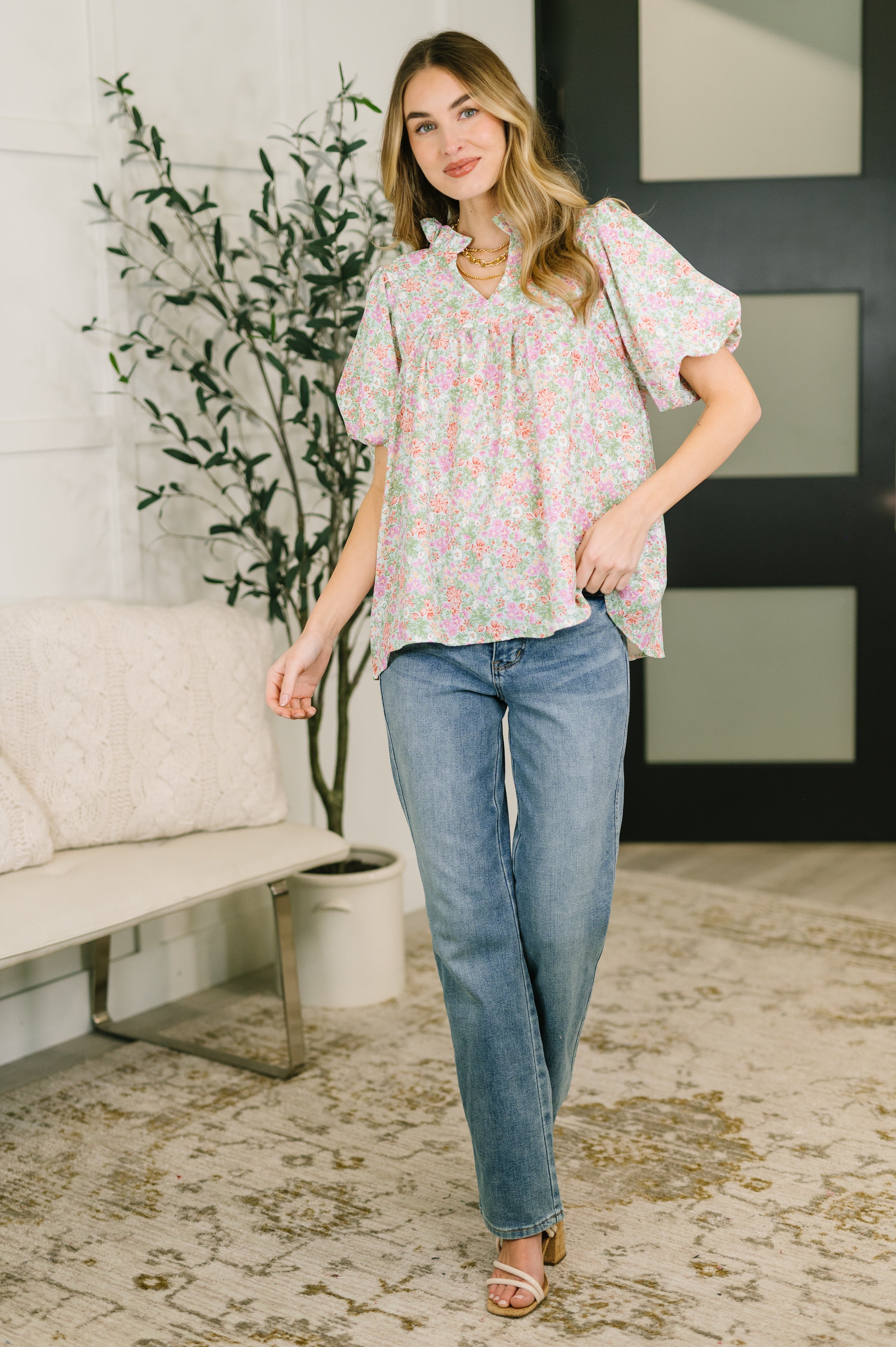 Flower Picking Notch Neck Blouse T-Shirt Ave Shops- Tilden Co.