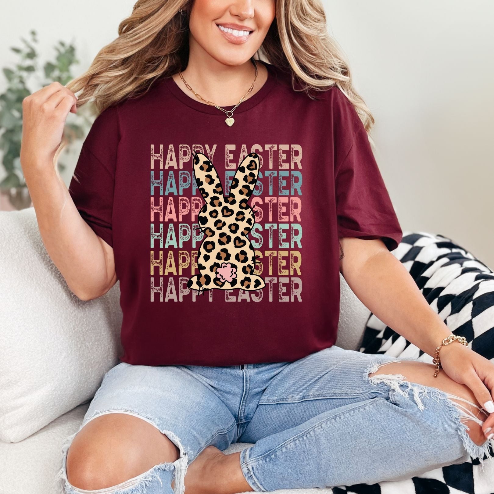 Leopard Bunny Happy Easter Graphic Tee Womens Ave Shops- Tilden Co.