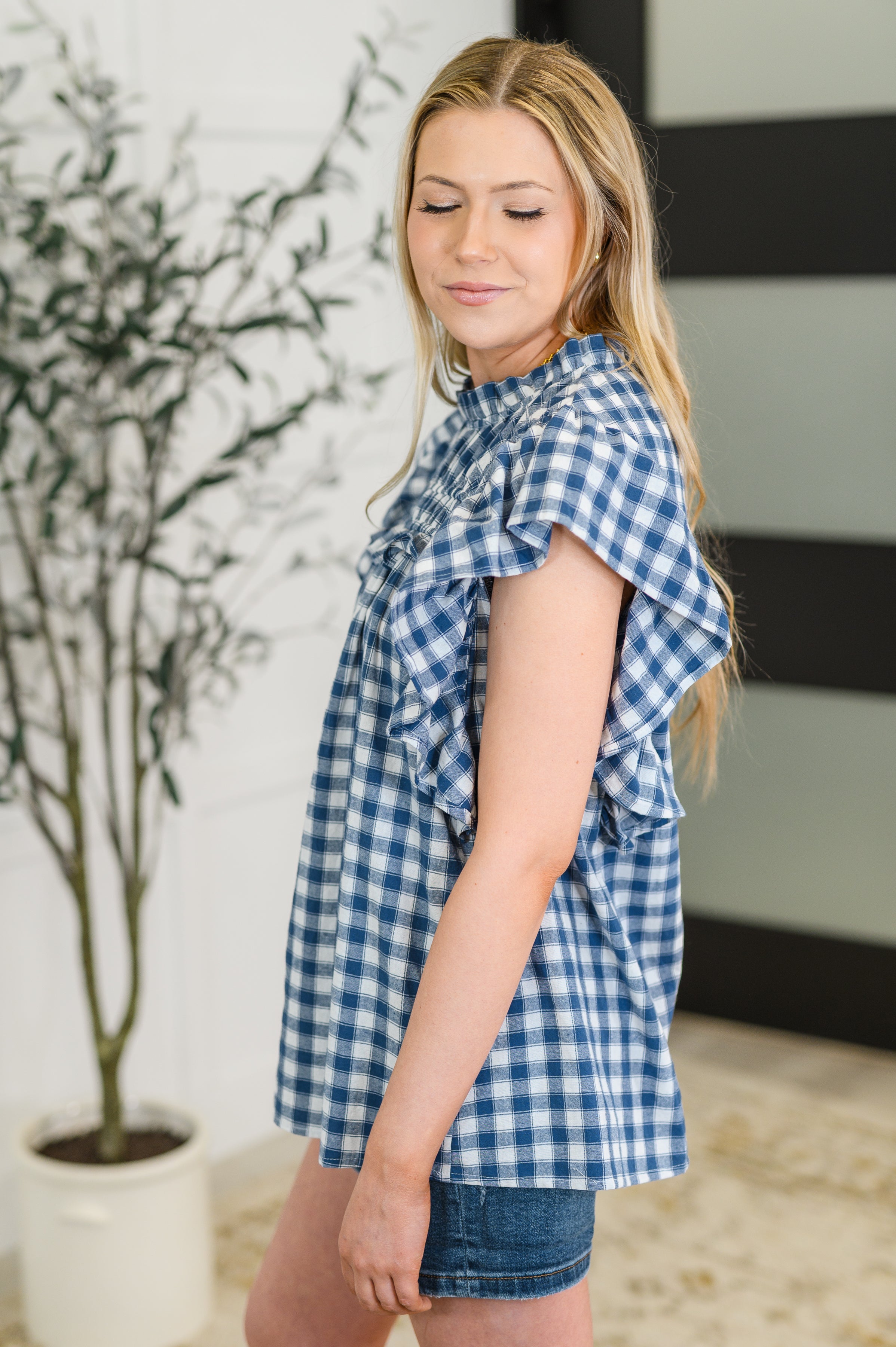Garden at Goldenhour Flutter Sleeve Blouse in Blue Womens Ave Shops- Tilden Co.