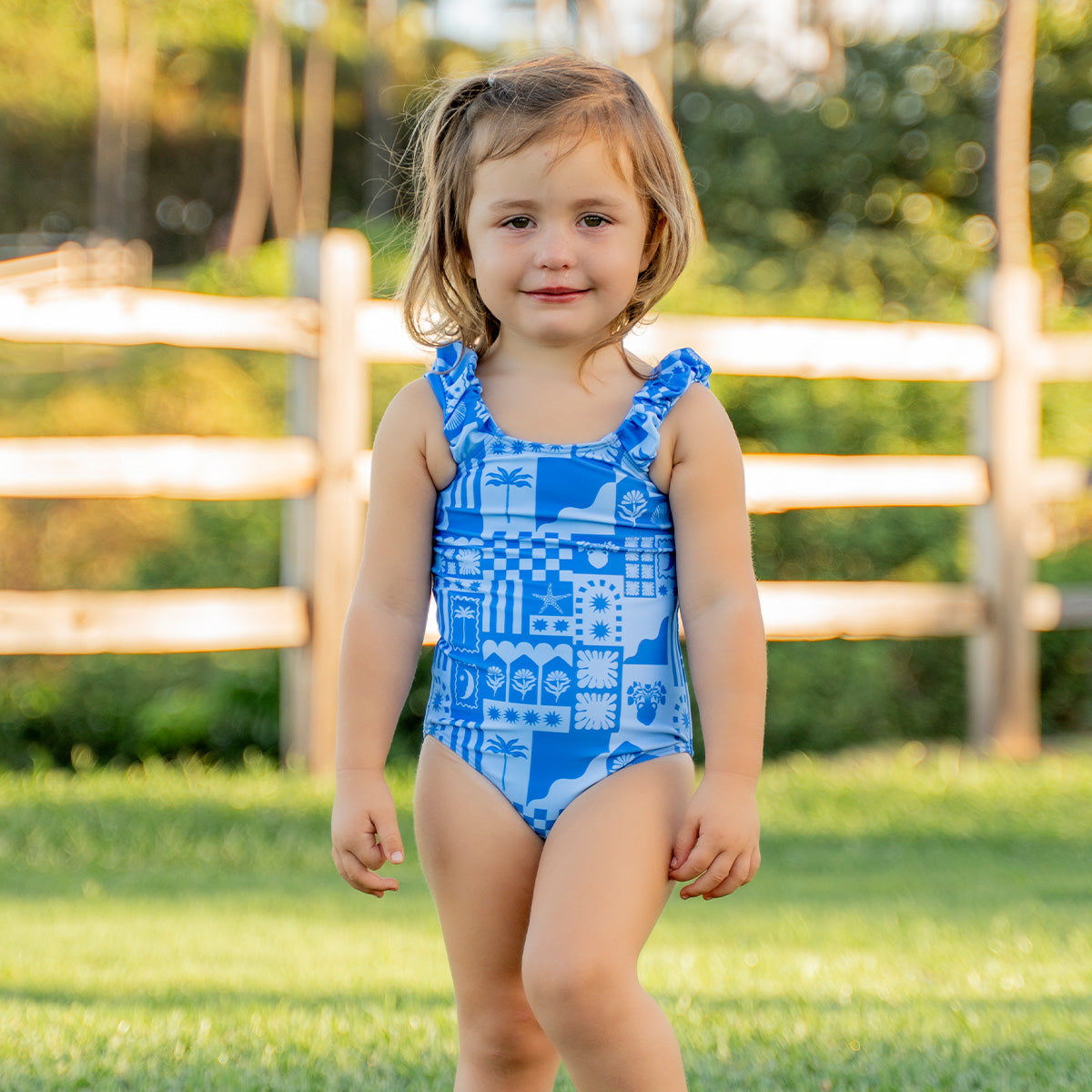 Puffy Sleeve One Piece Swimsuit (Girls) Periwinkle Seaside Patchwork / 2T Periwinkle Seaside Patchwork 2T One Piece Swimsuit Janela Bay- Tilden Co.