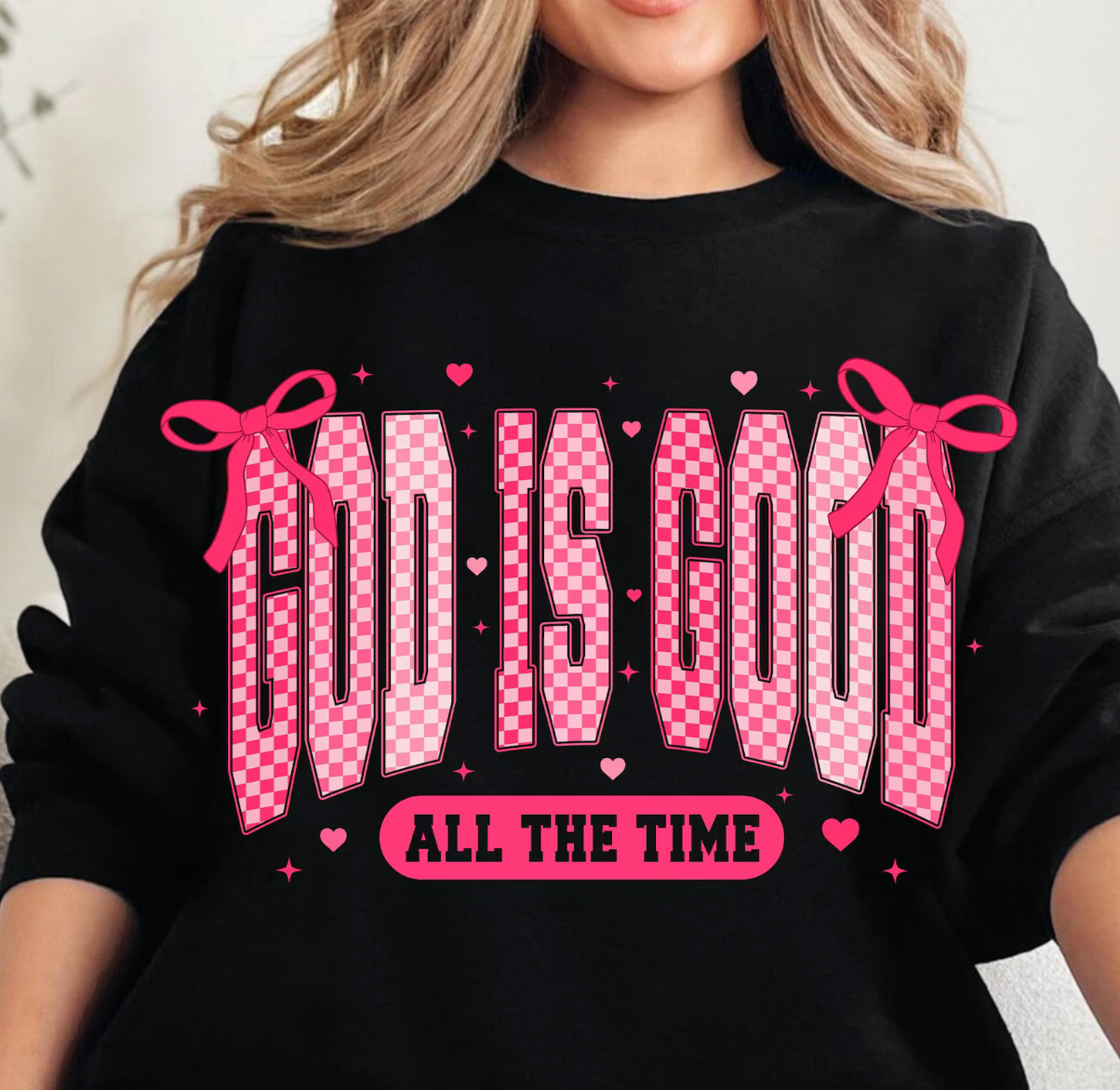 God is Good Pink Bows Graphic Tee and Sweatshirt Womens Ave Shops- Tilden Co.