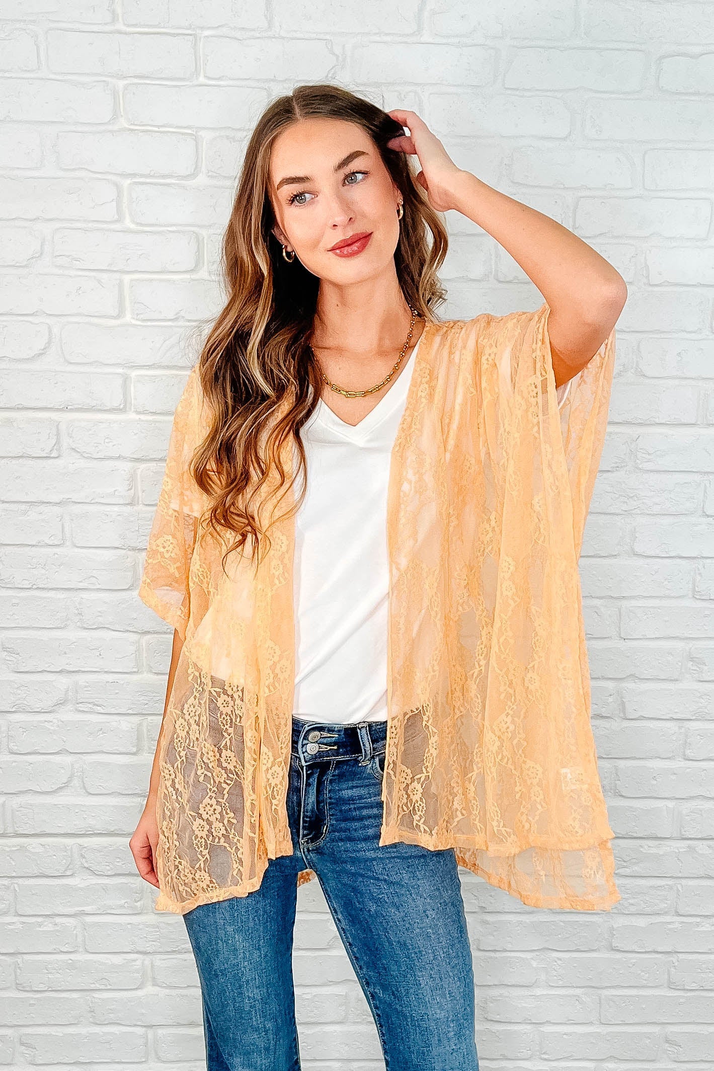 Good Days Ahead Lace Kimono In Peach Layers Ave Shops- Tilden Co.