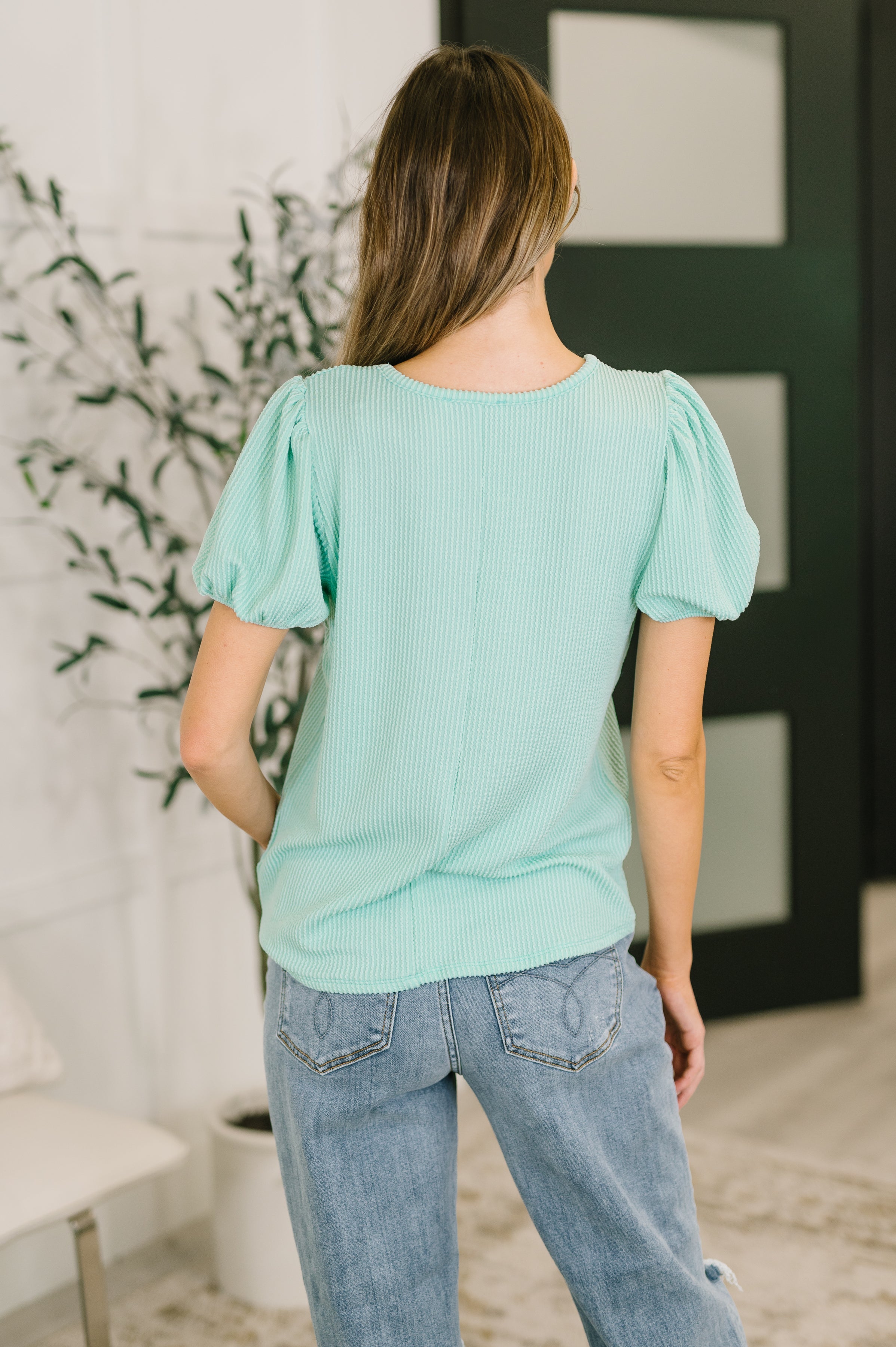 Grace & Virtue Balloon Sleeve Blouse in Mint Blouse Ave Shops- Tilden Co.