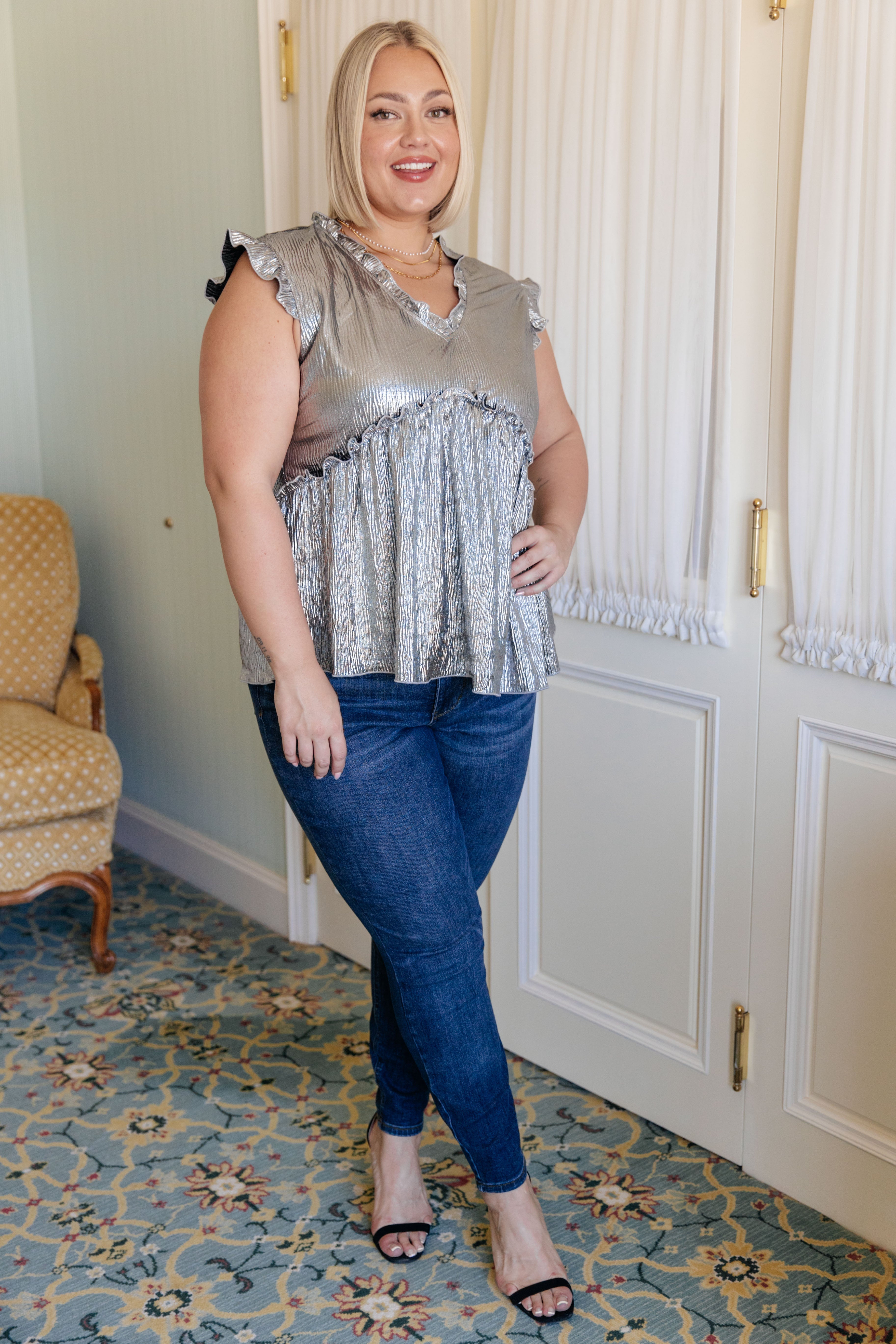 Shine On Metallic Peplum Top    Tops Ave Shops- Tilden Co.