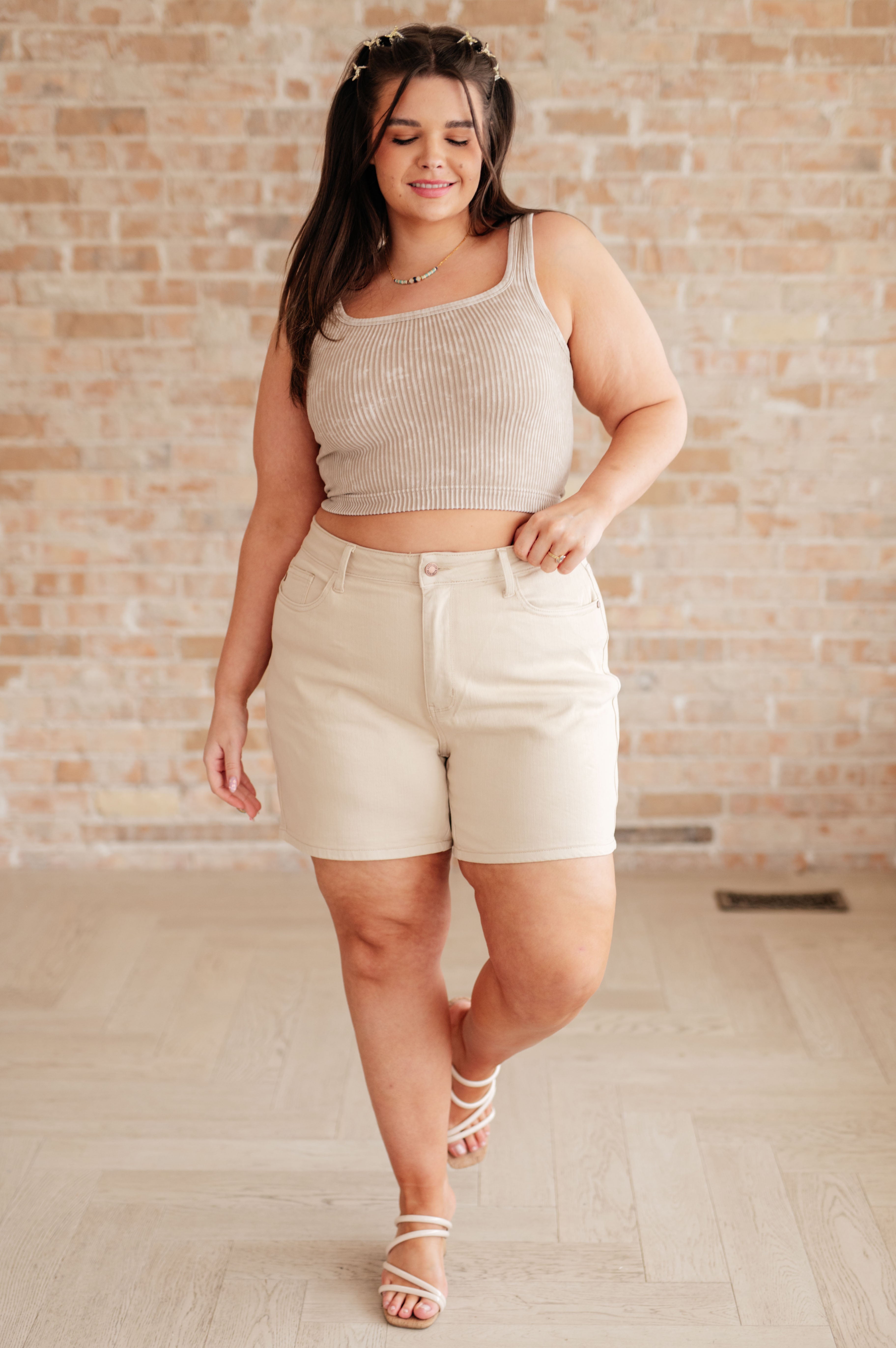 Greta High Rise Garment Dyed Shorts in Bone Denim Ave Shops- Tilden Co.