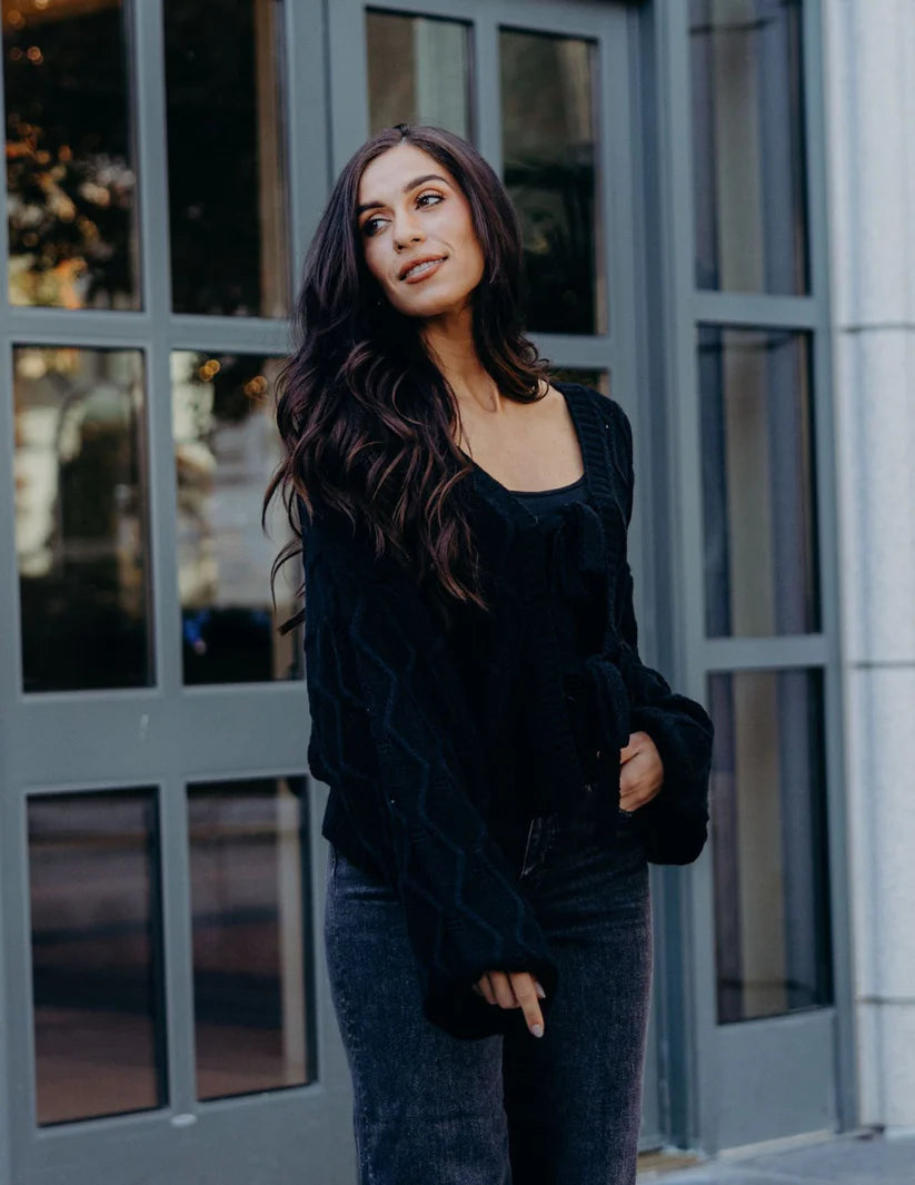 Knotted Long Sleeve Cardigan in Black Shirts & Tops Mikarose- Tilden Co.