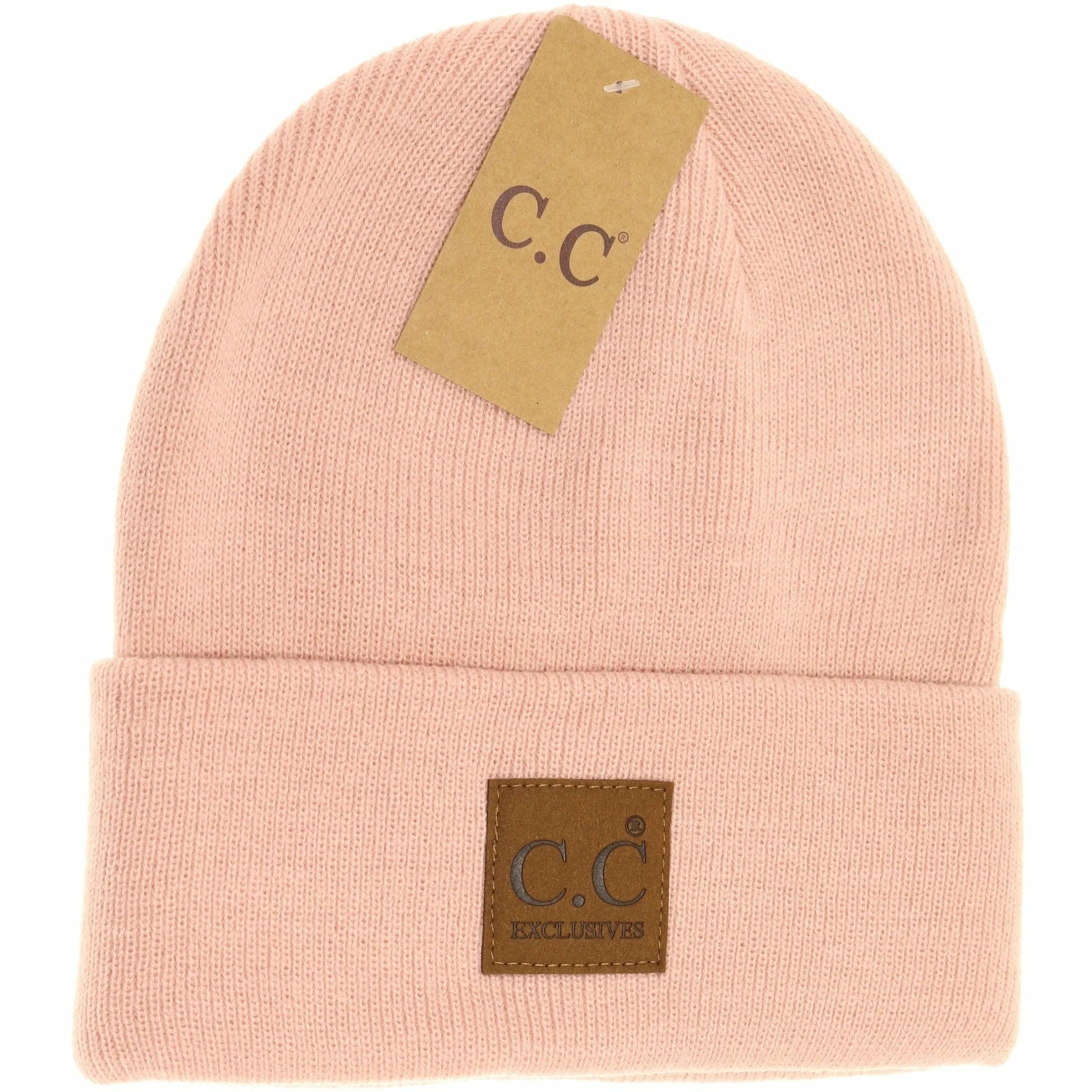 Unisex Soft Ribbed Leather Patch C.C. Beanie Rose Rose  beanie C.C Beanie- Tilden Co.