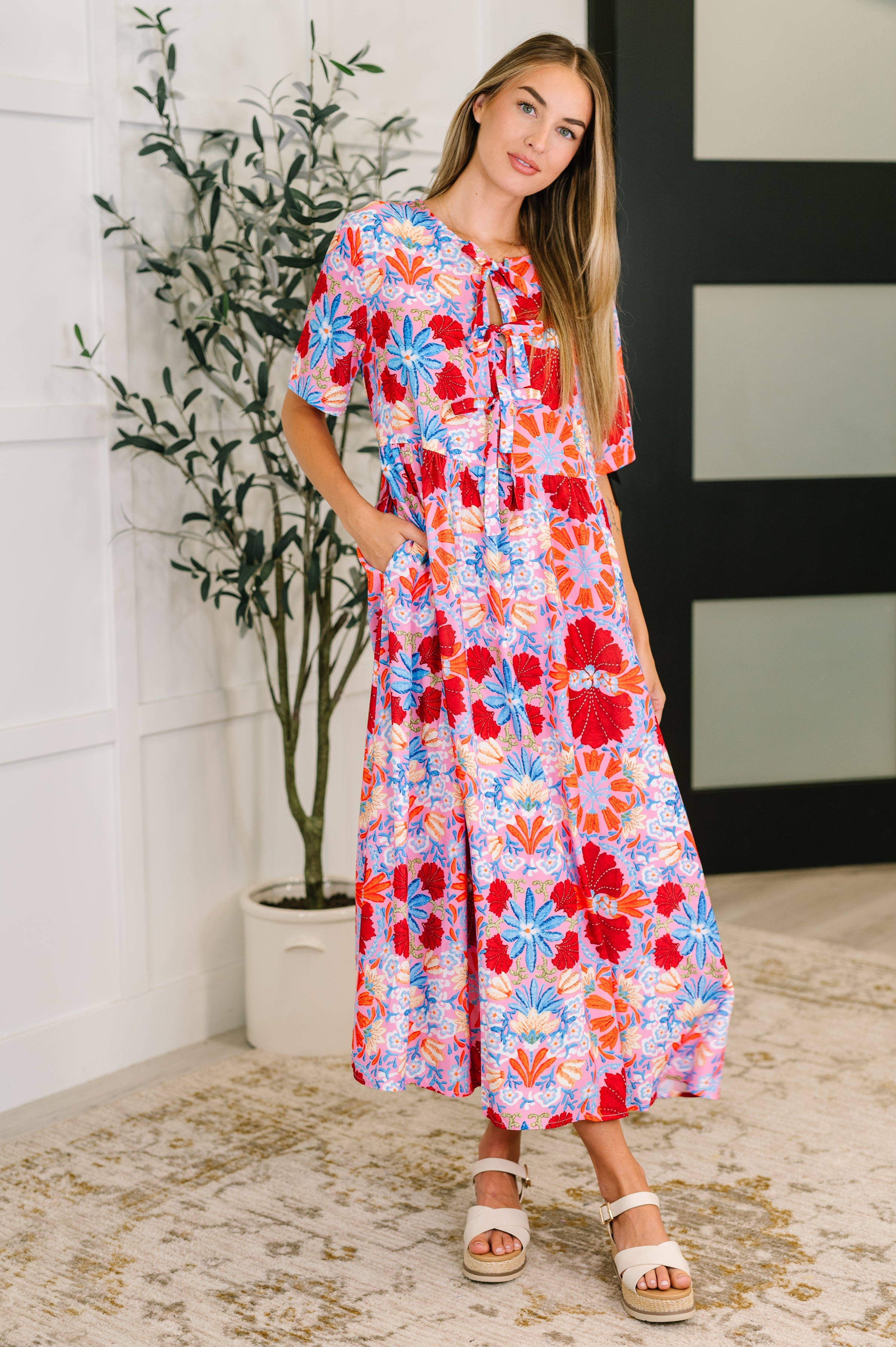 PREORDER: Half Sleeve Poplin Woven Dress in Pink and Blue Floral Womens Ave Shops- Tilden Co.