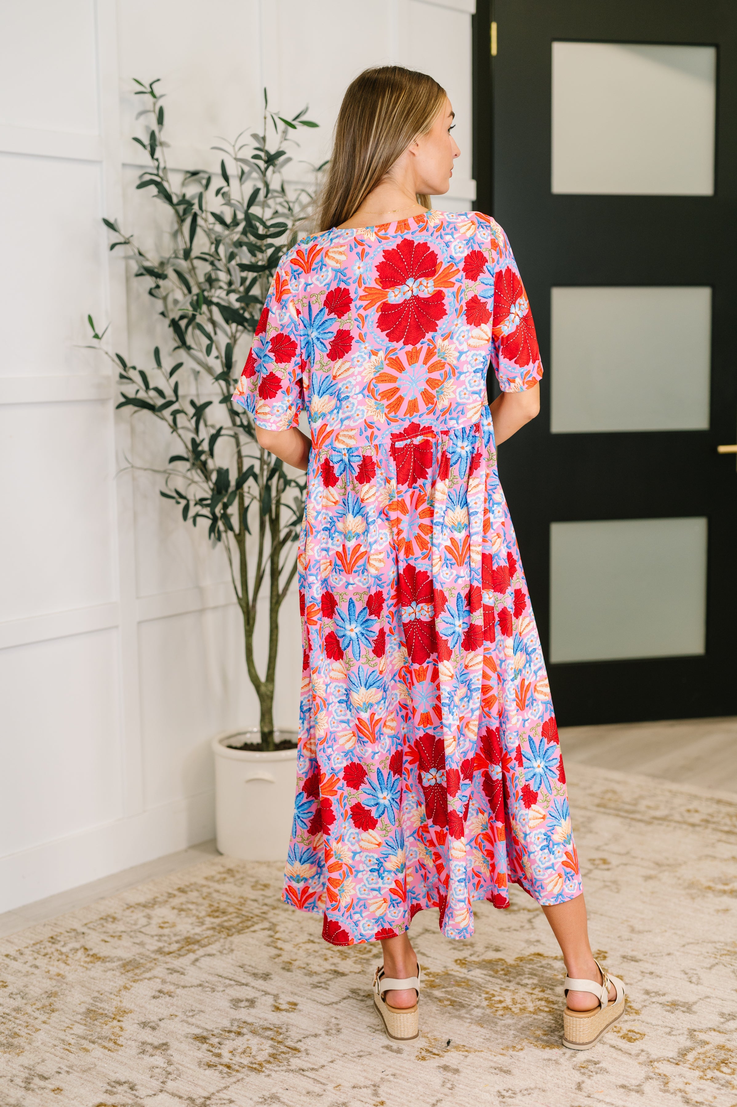 PREORDER: Half Sleeve Poplin Woven Dress in Pink and Blue Floral Womens Ave Shops- Tilden Co.