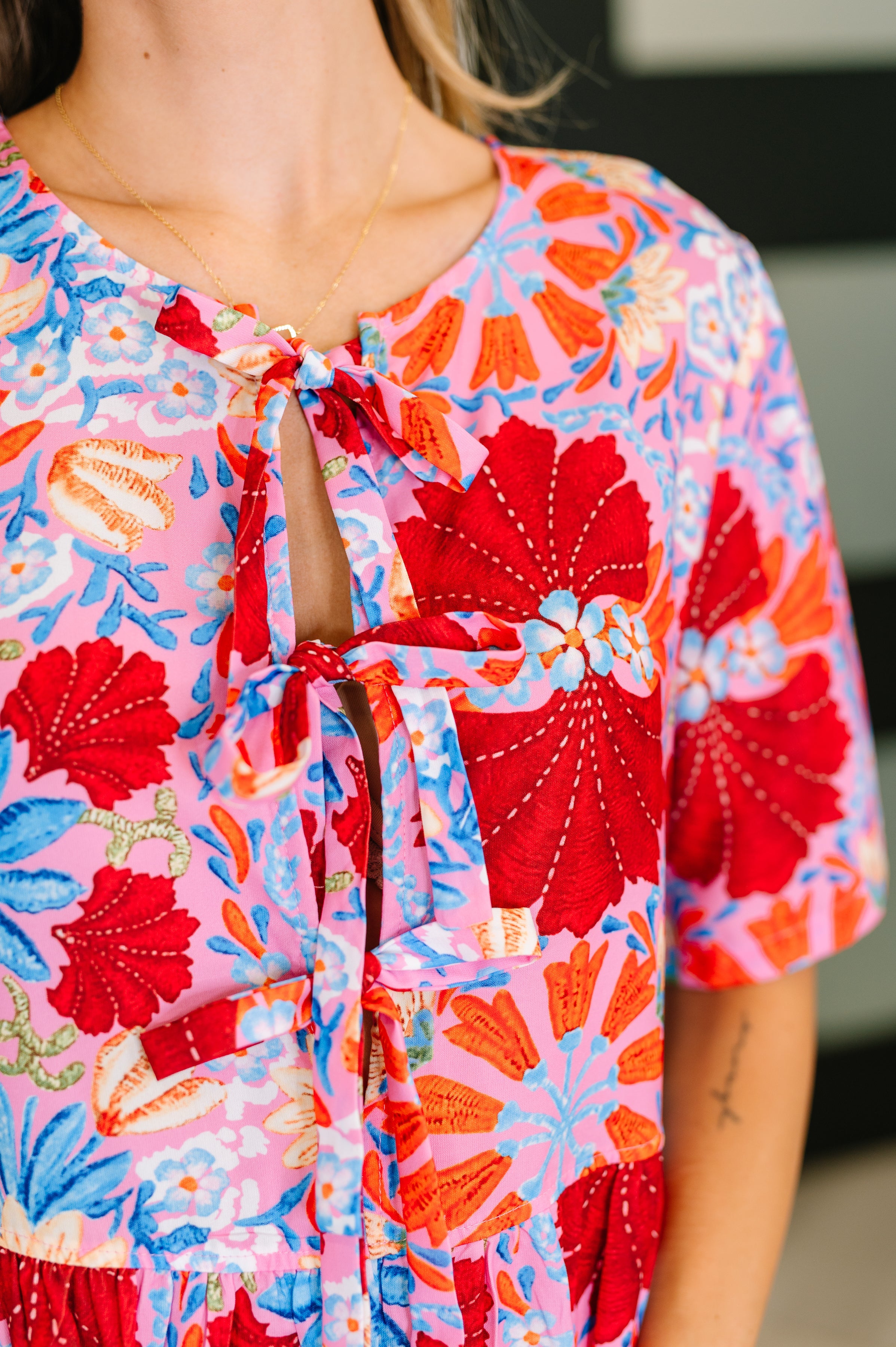 PREORDER: Half Sleeve Poplin Woven Dress in Pink and Blue Floral Womens Ave Shops- Tilden Co.