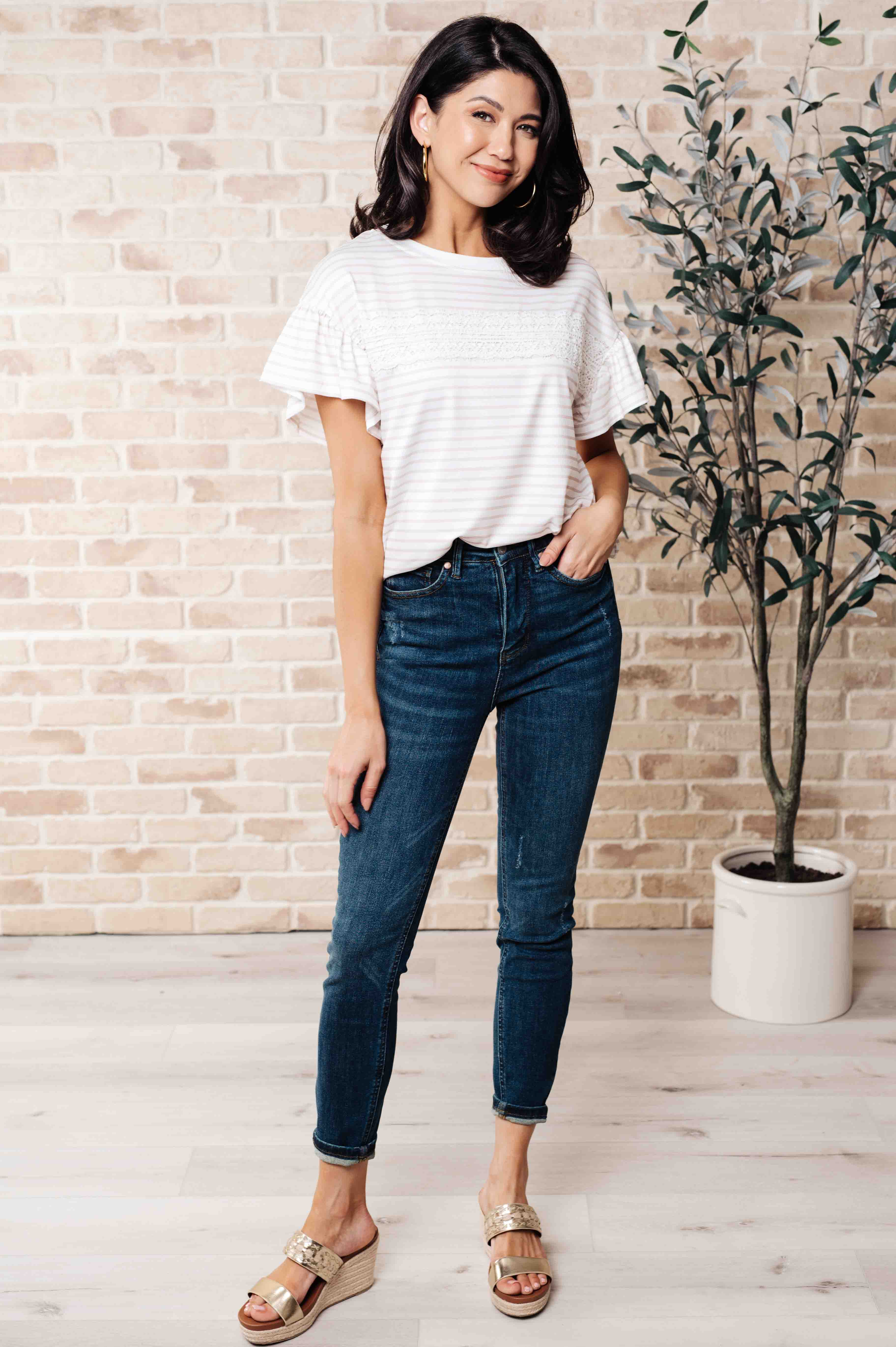 Hand to Hold Lace Detail Striped Top Tops Ave Shops- Tilden Co.