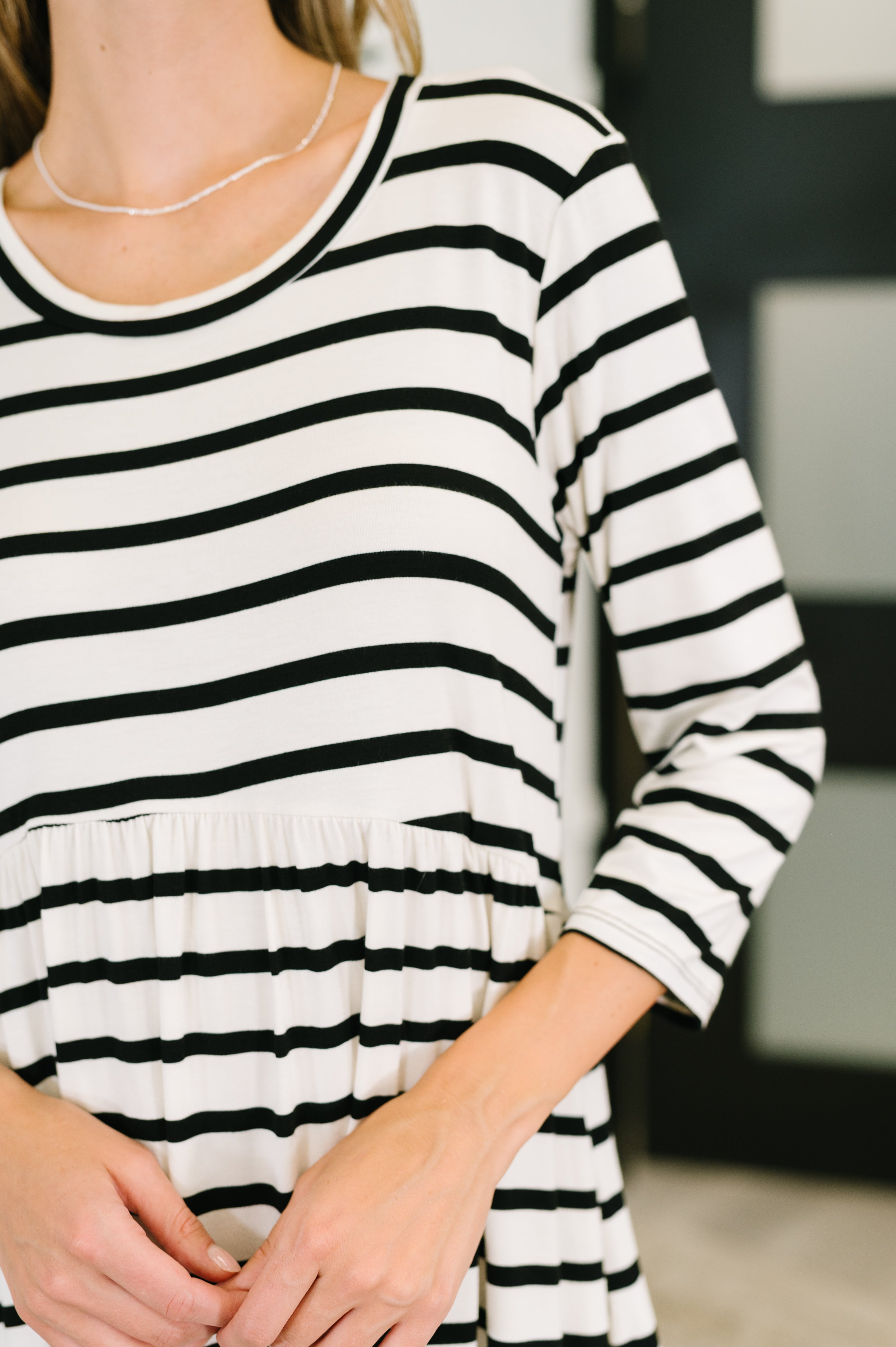 Haute Mess Scooped Hem Casual Dress in Black and White Striped Womens Ave Shops- Tilden Co.